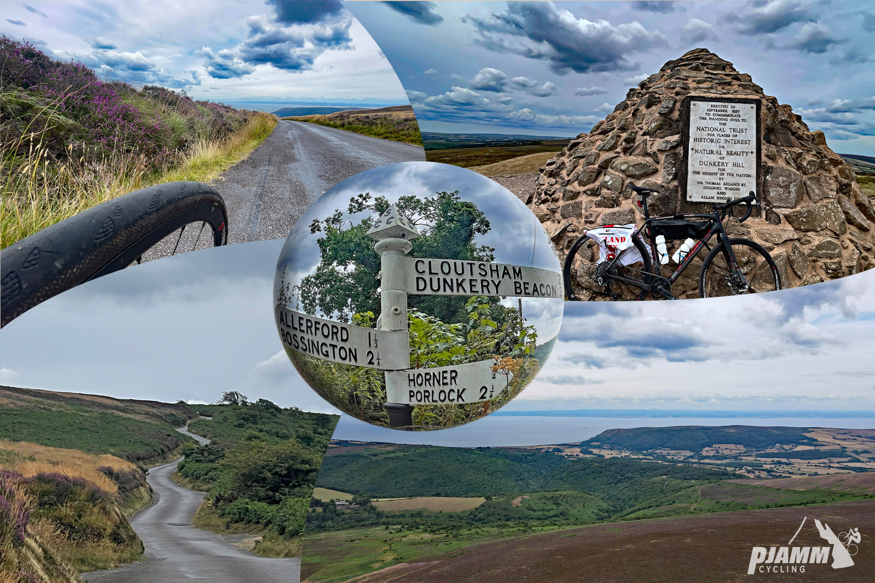 photo collage shows white street signs for Cloutsham, Dunkery Beacon, Horner Parlock, large stone monument