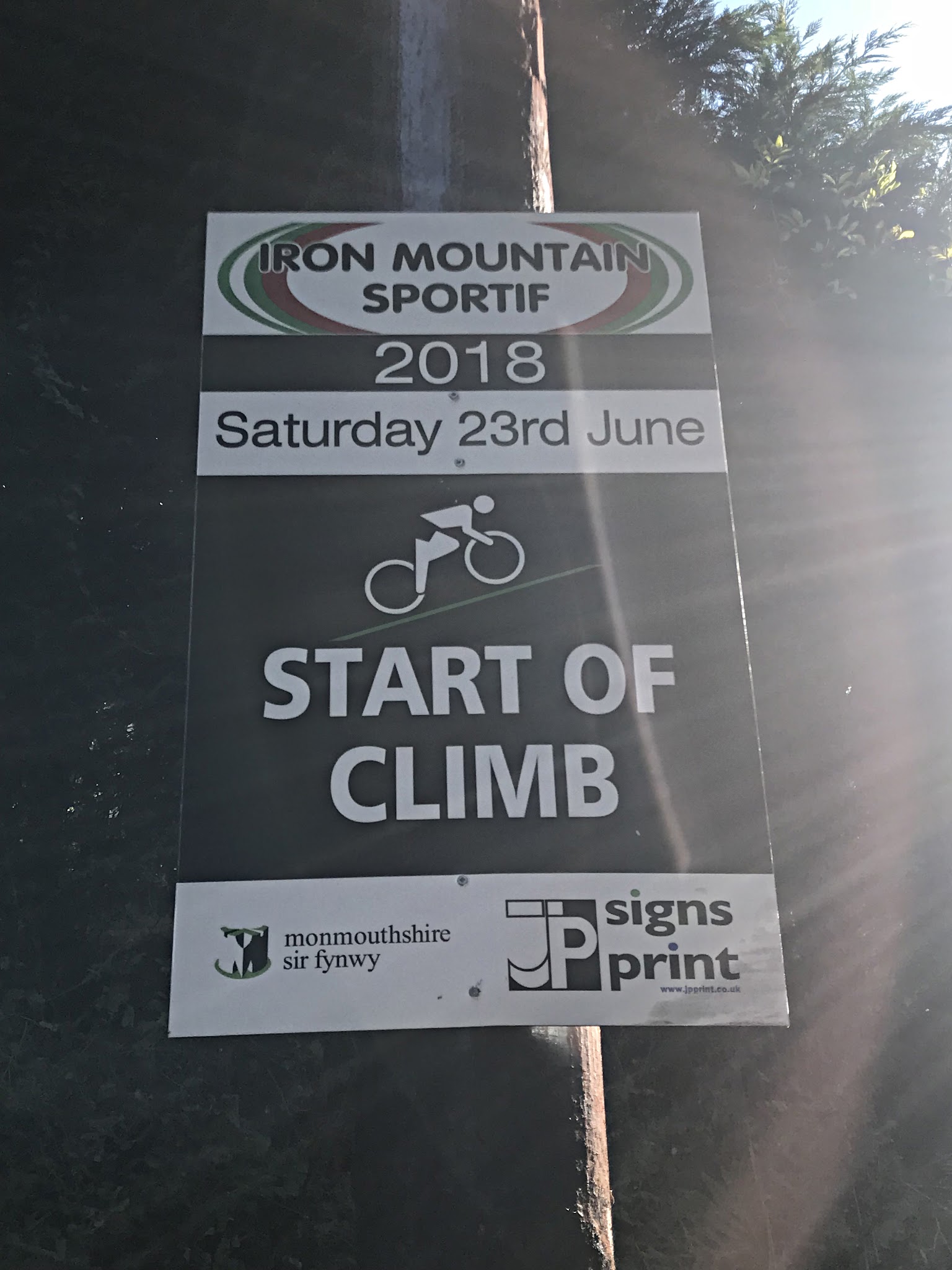 Cycling The Tumble, Wales - sign for Iron Mountain Sportif 2018, Start of Climb