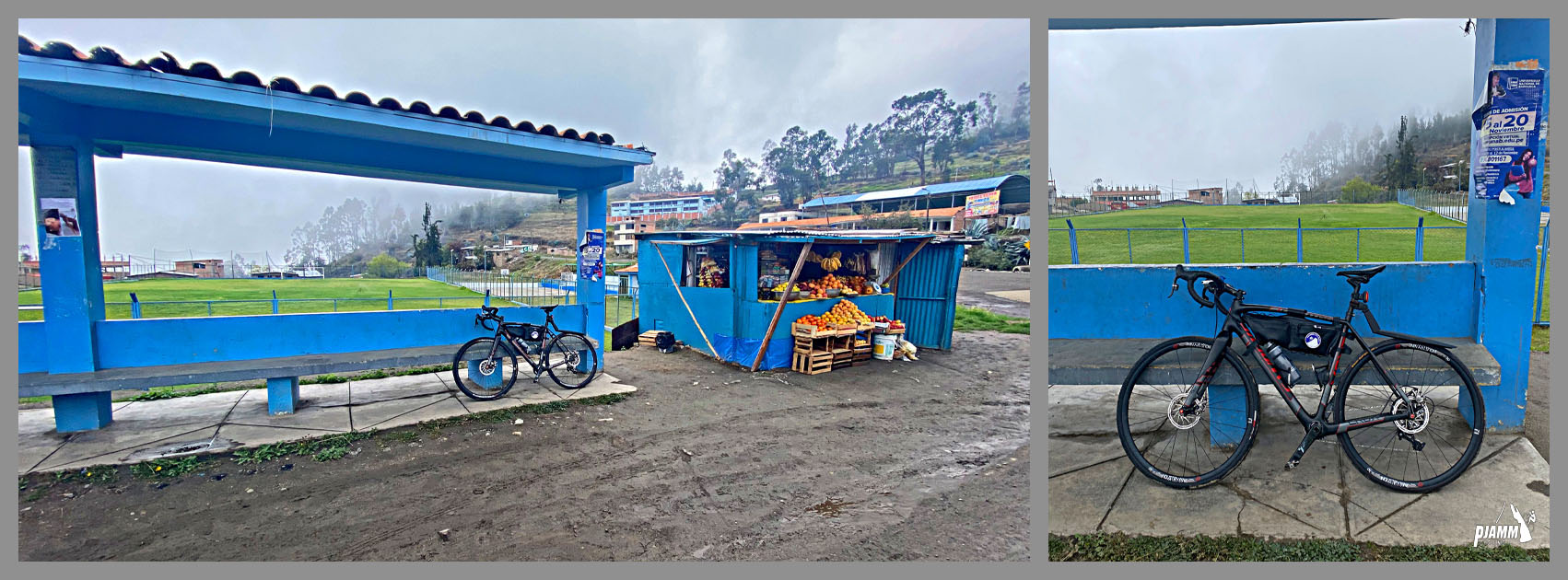 Cycling Conococha, Peru - bike parked next to bright blue snack bar at a soccer field