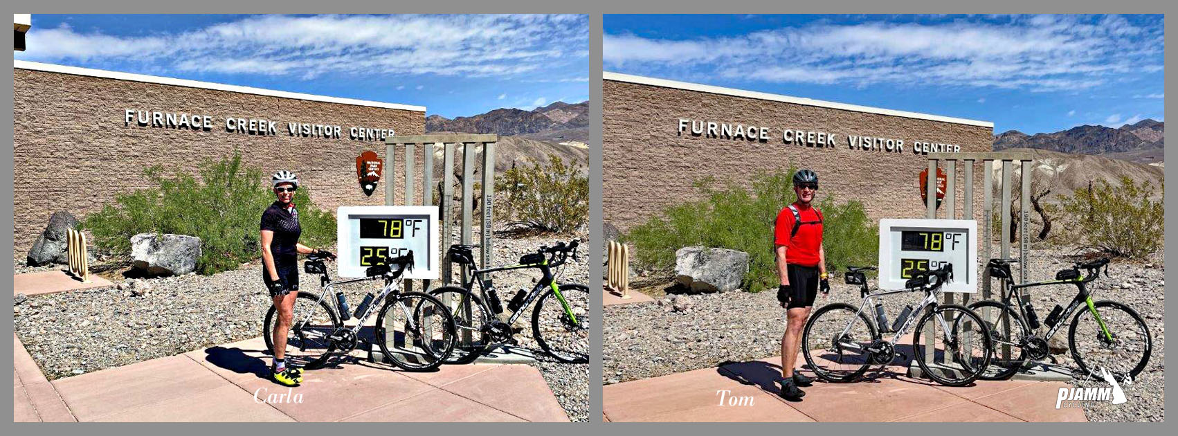 Cycling Death Valley National Park, California - PJAMM Cyclists Carla and Tom Morton stand in front of famous Death Valley temperature sign at Furnace Creek Visitor Center