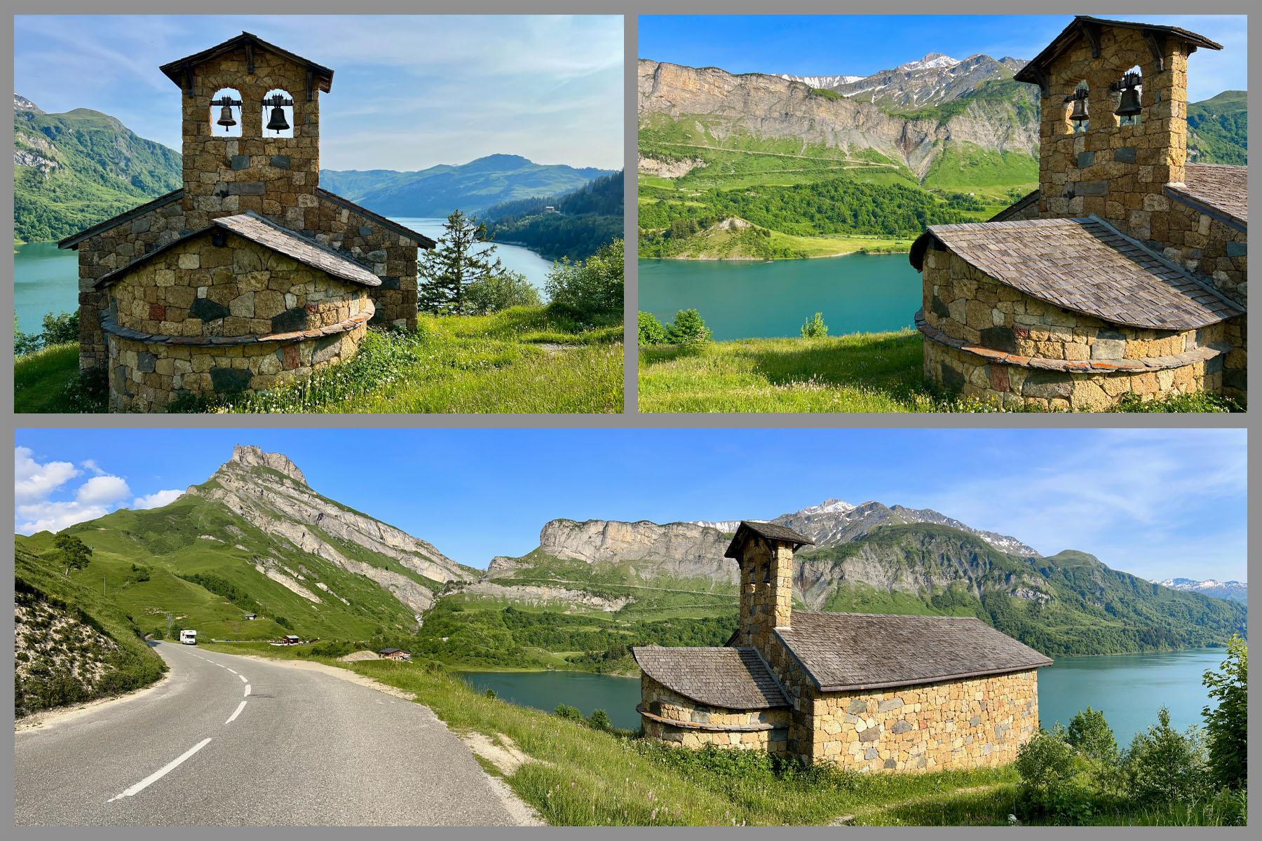 photo collage shows the Chapel de Roseland, a small stone chapel overlooking the turquoise waters of Lake Roseland