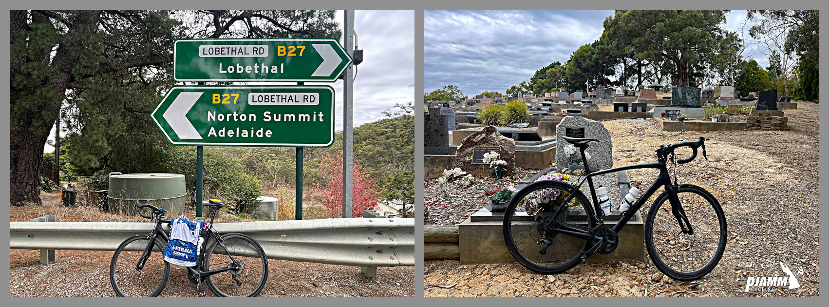 bike parked in front of guardrail next to street sign for Norton Summit, Adelaide, and in front of cemetery at climb's finish