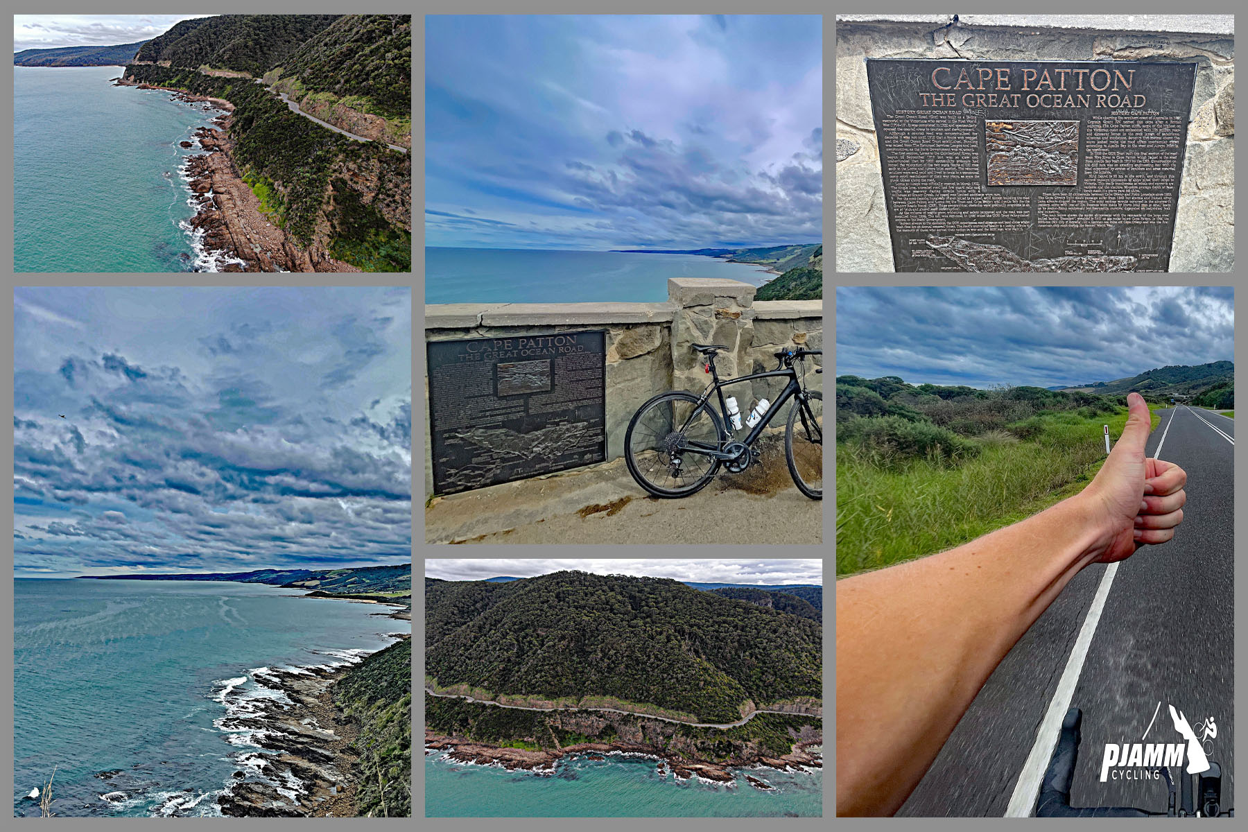 photo collage shows gorgeous views of coastline, aerial drone photos showing crystal blue water, bike parked next to stone plaque for Cape Patton Lookout
