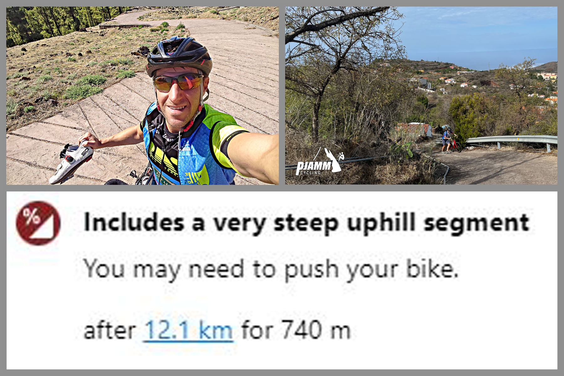 photo collage shows cyclists taking their cycling shoes off to walk up portion of roadway