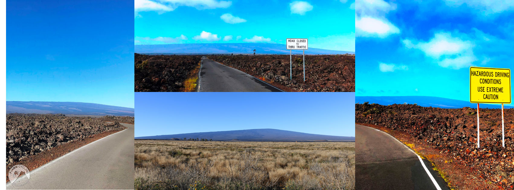 photo collage shows Mauna Loa volcano in distance; blue sky