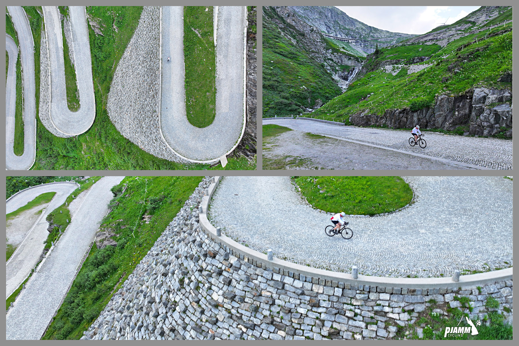 Cycling St. Gotthard Pass, Switzerland - photo collage shows PJAMM cyclist riding on hairpin turn on cobbled roadway, aerial drone view of three huge hairpin turns in cobbled road