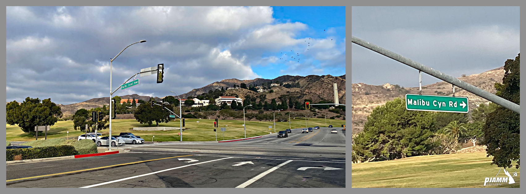 Cycling Malibu Canyon Road to the top of Piuma Road - intersection, road signs for Malibu Canyon Road