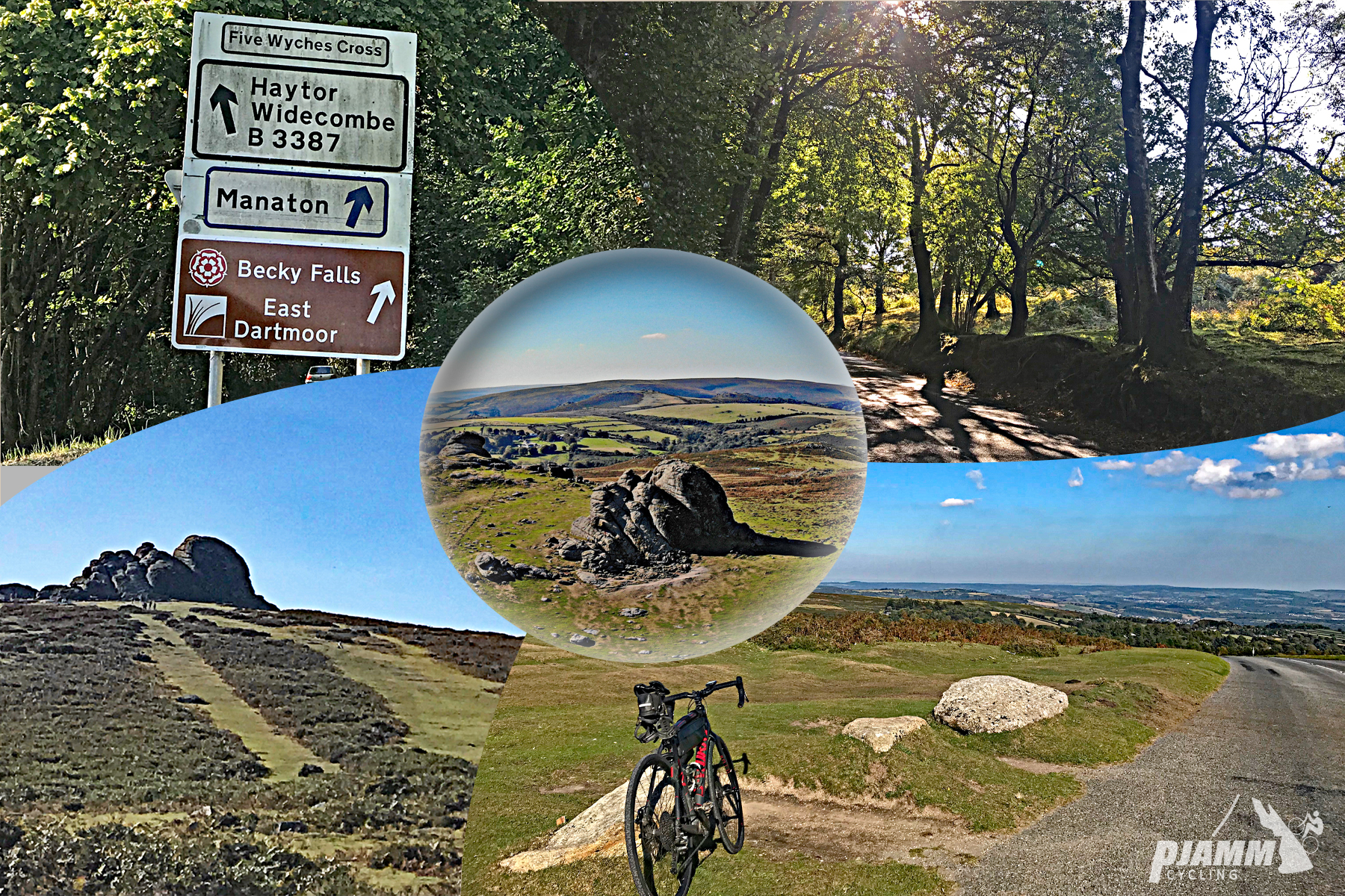 Cycling Haytor Vale - photo collage, road signs for Haytor, tree-lined lane, bike parked along side of road on hillside, view from base of hillside looking up to summit with rock formation at the top of the hill