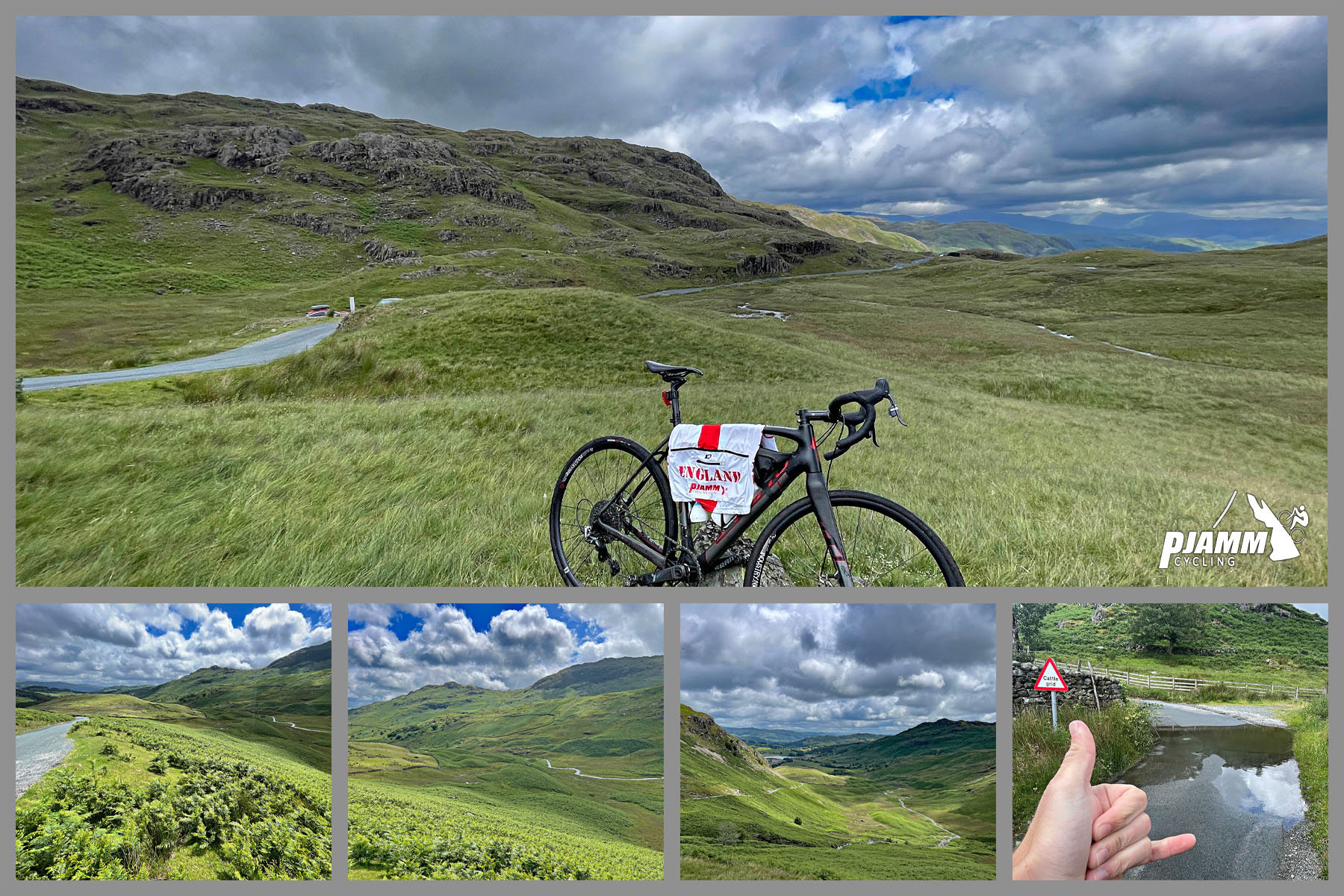 photo collage shows bike parked in grassy hillside along roadside