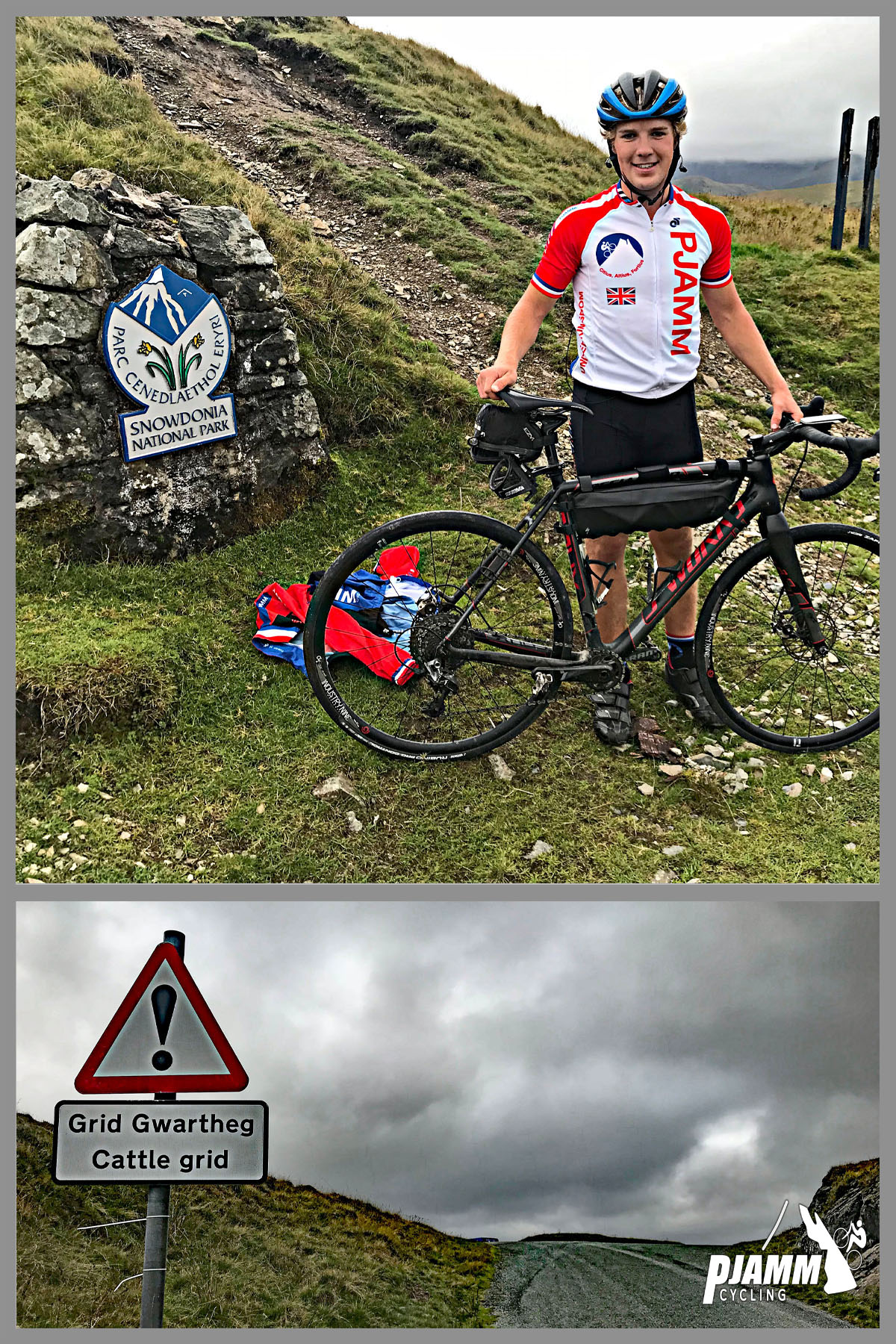 Cycling Bwlch y Groes - cyclist wearing PJAMM cycling jersey standing next to snowdonia National Park sign, holding bike, Cattle Grid warning road sign along single lane road