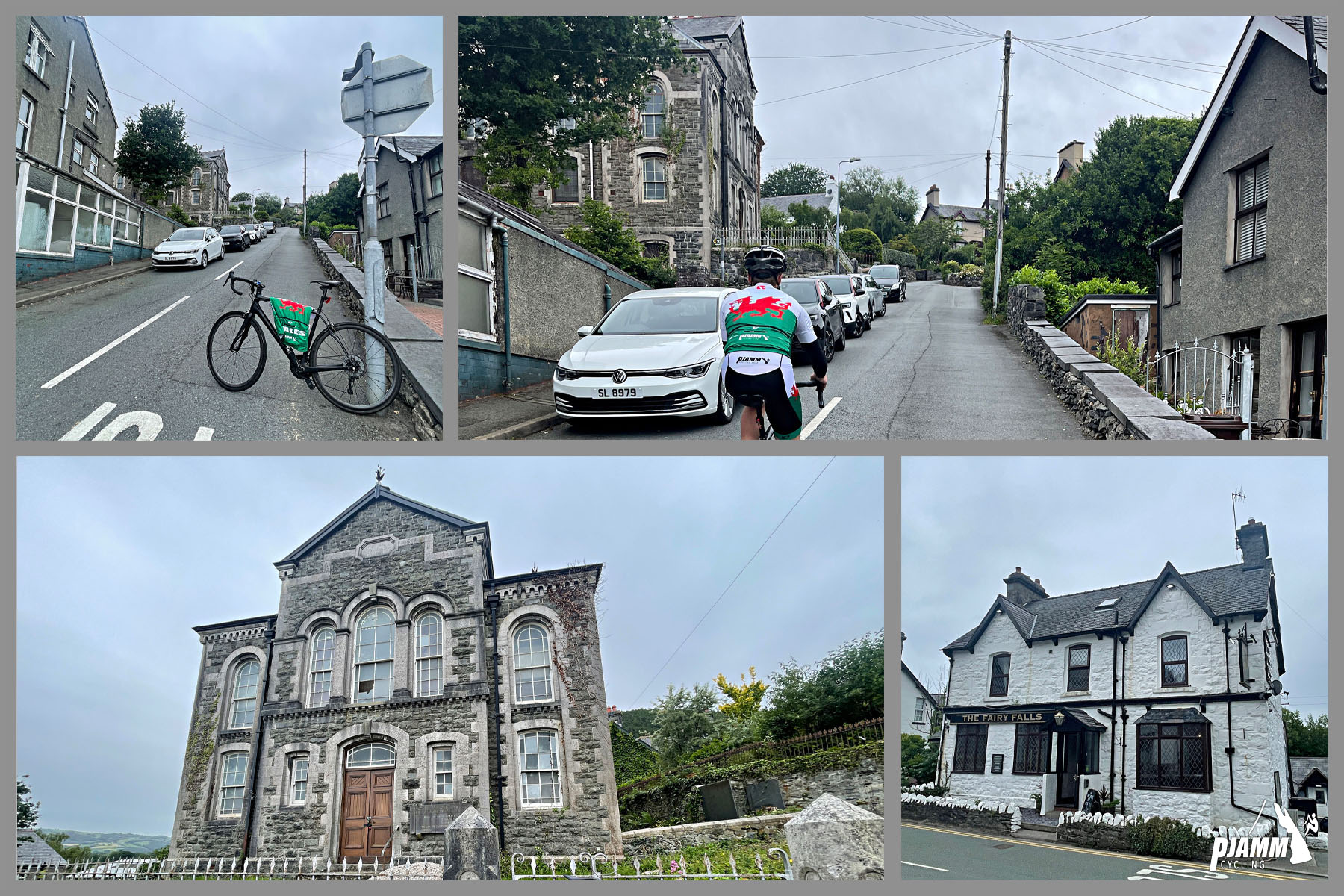 climb start, scenic village of Trefriw, old white and grey stone buildings