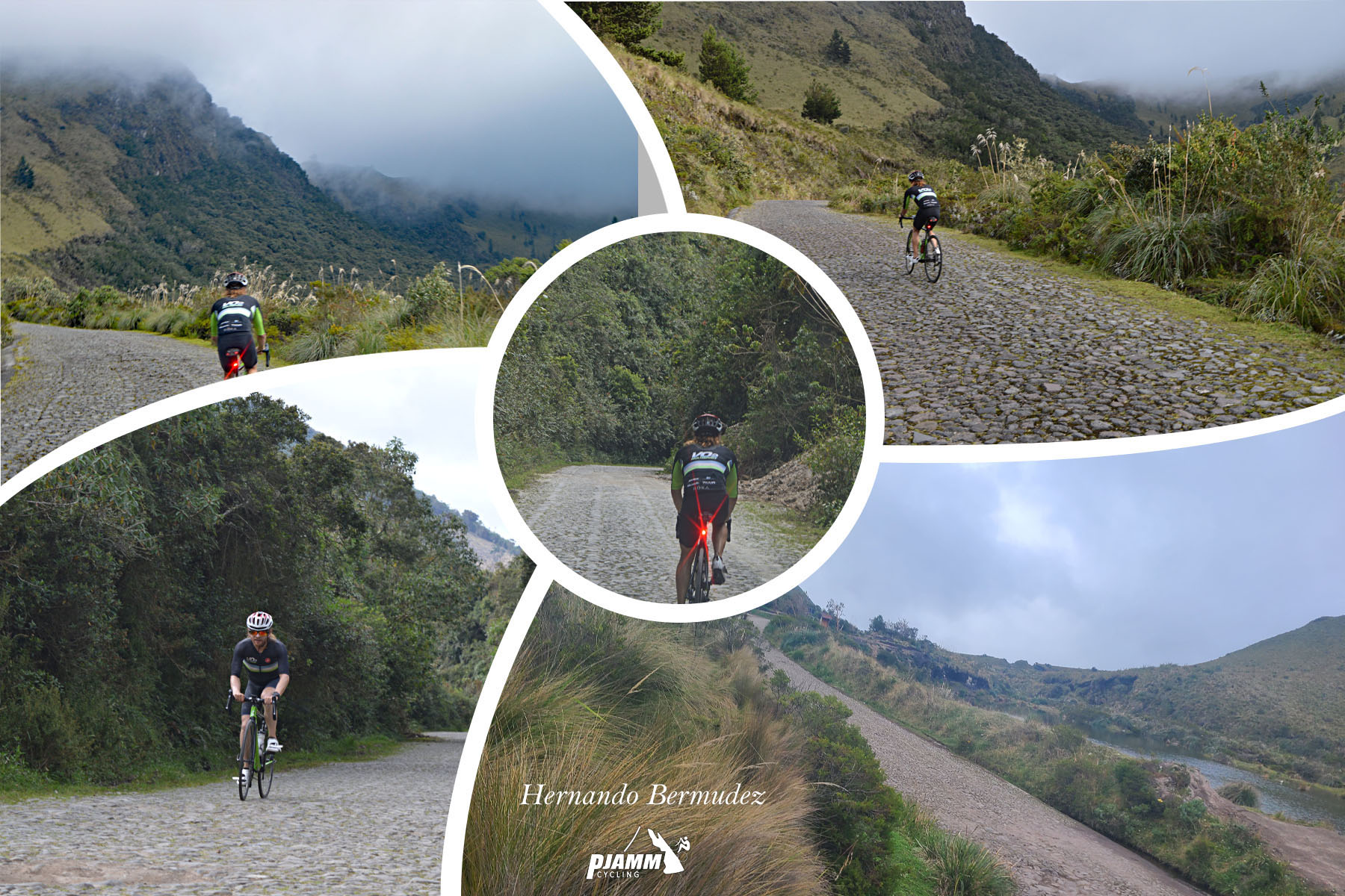 Cycling Lagunas de Mojanda, Ecuador - photo collage shows PJAMM Cyclist riding on one-lane mountain roadway; gravel and cobblestone roadway