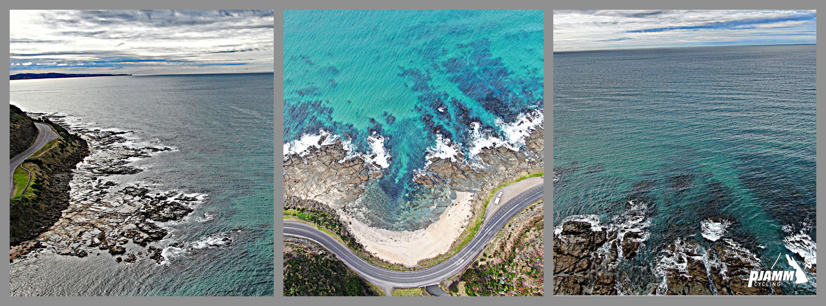aerial drone views show gorgeous blue water, coastline, Great Ocean Road winding along coastline