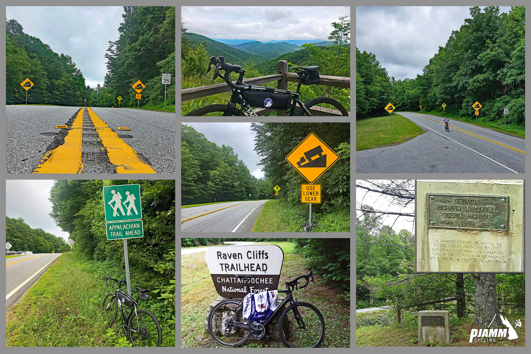 Cycling Hogpen Gap East - photo collage, up close view of two-lane road with yellow divider lines, road bike leaning against wooden railing overlooking lush green hillsides, cyclist riding along road surrounded by lush greenery, road bike leaning against road sign noting Appalachian Trail Ahead, road bike with PJAMtM Cycling jersey draped over it leaning against Raven Cliffs Trailhead Chattahoochee National Forest sign