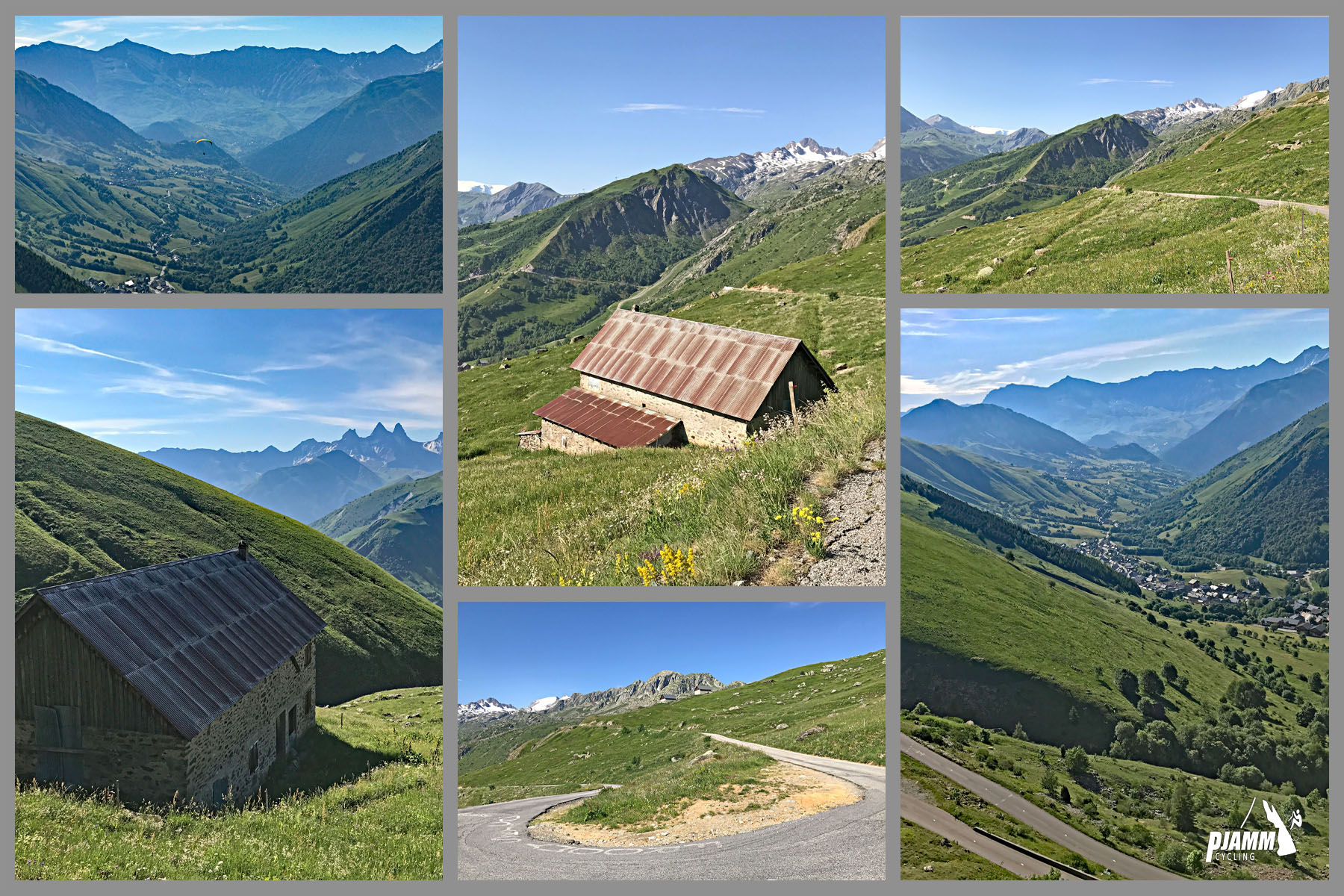 Cycling Col d la Croix de Fer from Saint-Jean-de-Maurienne - photo collage shows stretch of climb between the ski resort and the climb finish; idyllic French mountain scenes; lush green hills, mountain peaks in distance; two-lane roadway; Aiguilles d'Arves