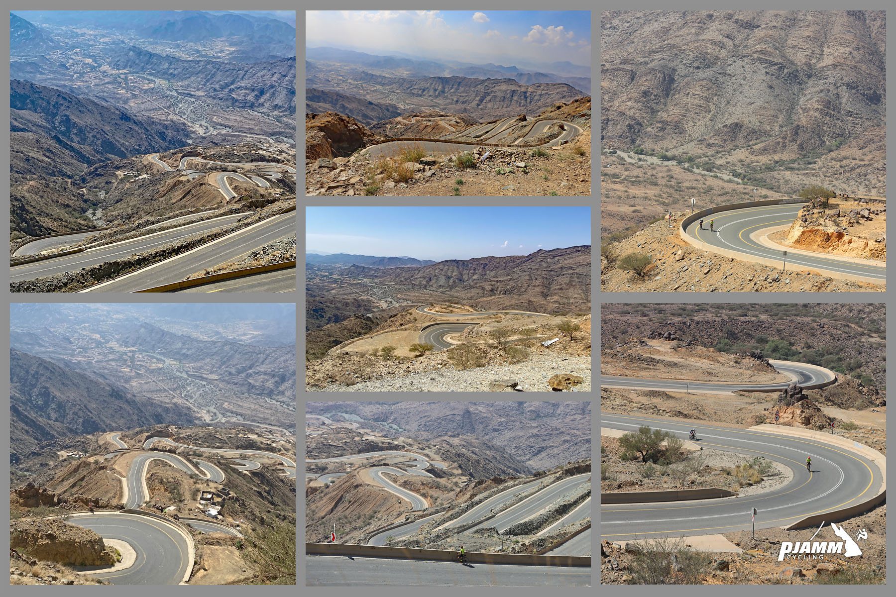 Cycling Bashout Pass, Saudi Arabia - photo collage highlights hairpin turns along this climb