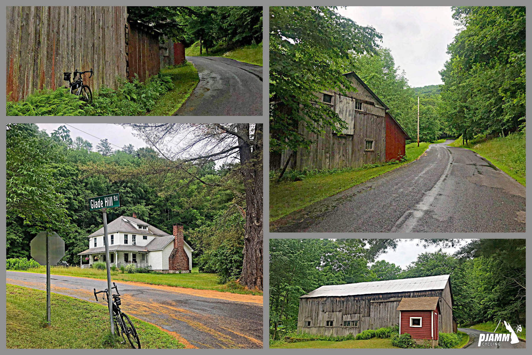 Cycling New York State - photo collage, PJAMM Cycling logo in corner, bike parked in front of various old country buildings and barns, one-lane country roads