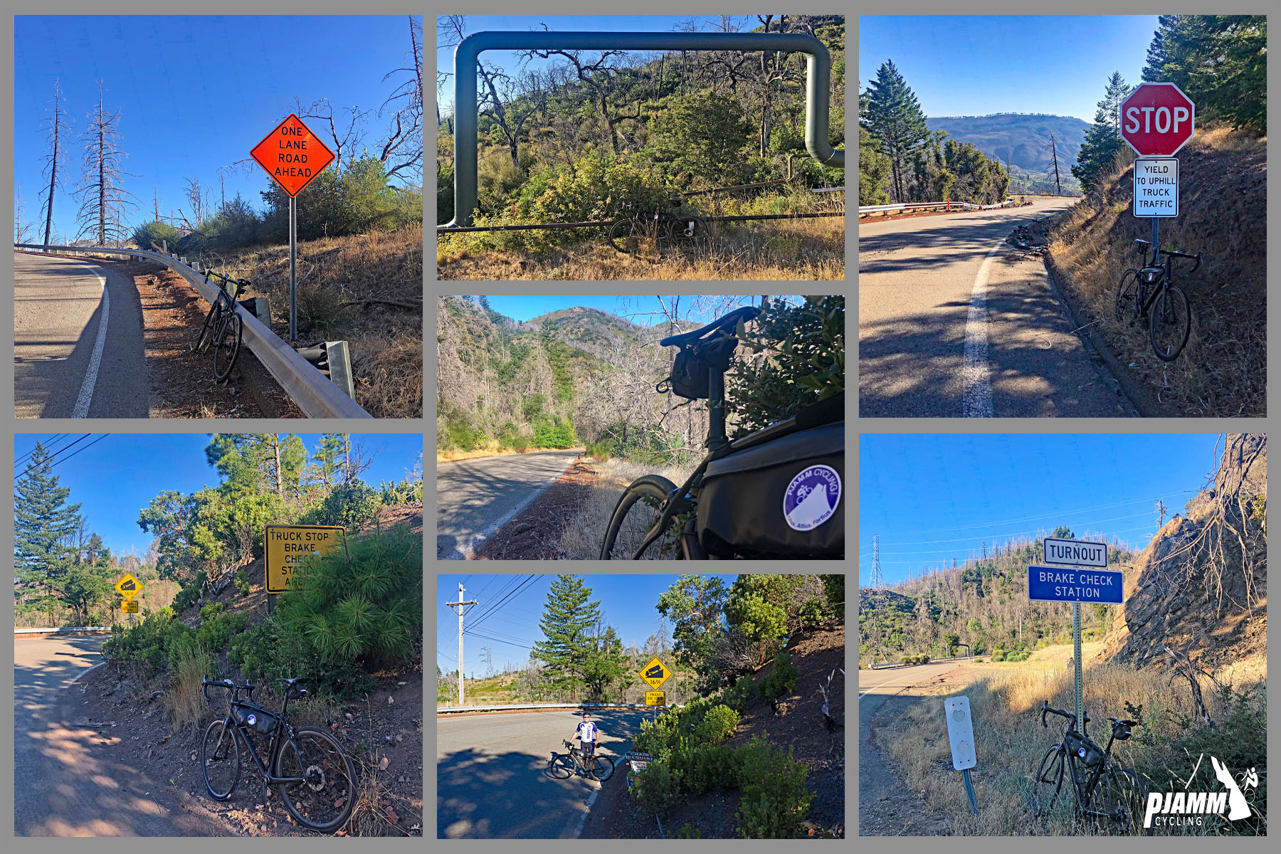 Cycling Socrates Mine Road, Lake County, California - photo collage, PJAMM Cycling logo in corner, bike parked against guardrail on roadside next to sign for One Lane Road Ahead, bike parked against various roadsigns, views of mountainsides with dead trees and new growth greenery