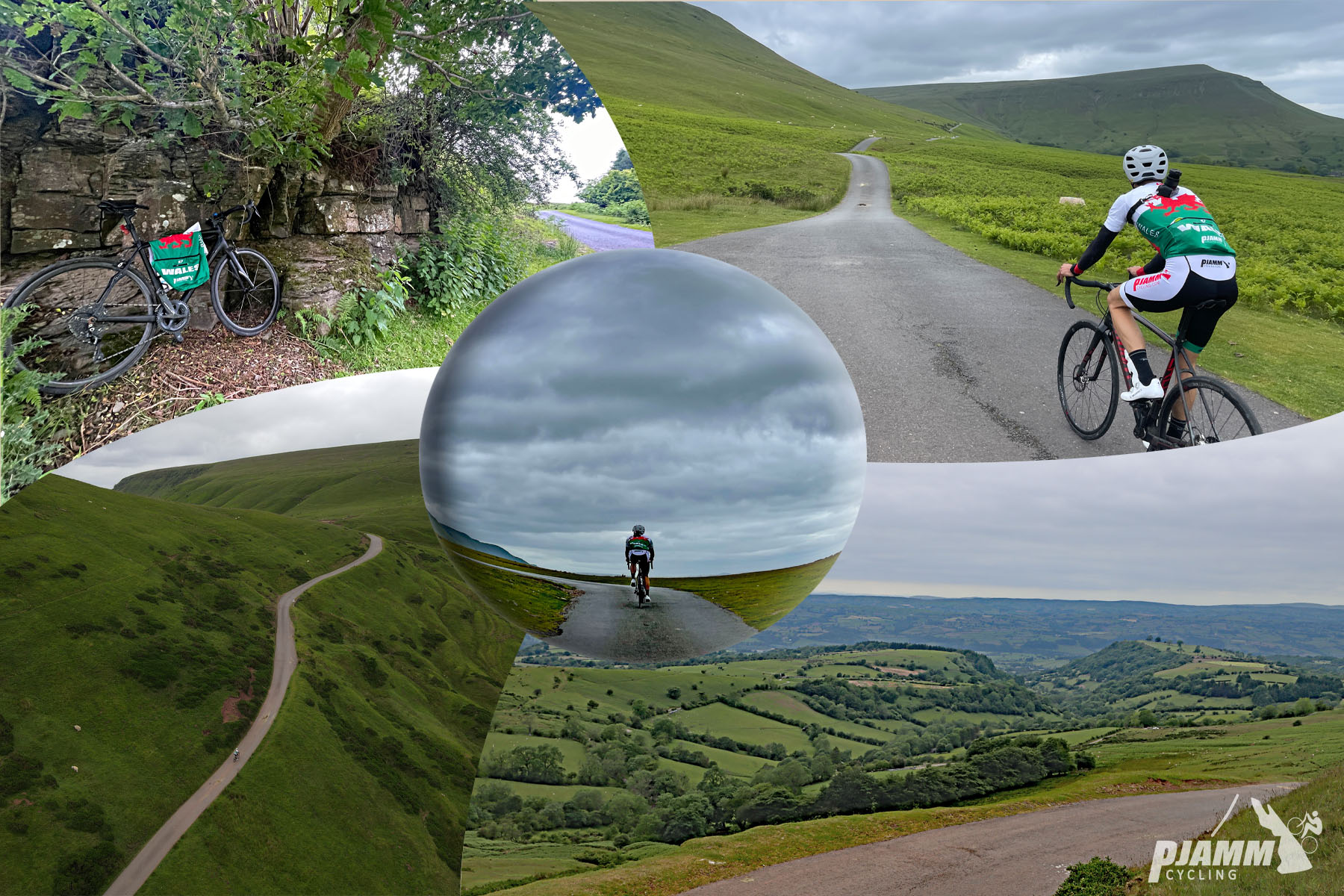 photo collage shows views of green pastureland and hillside along climb