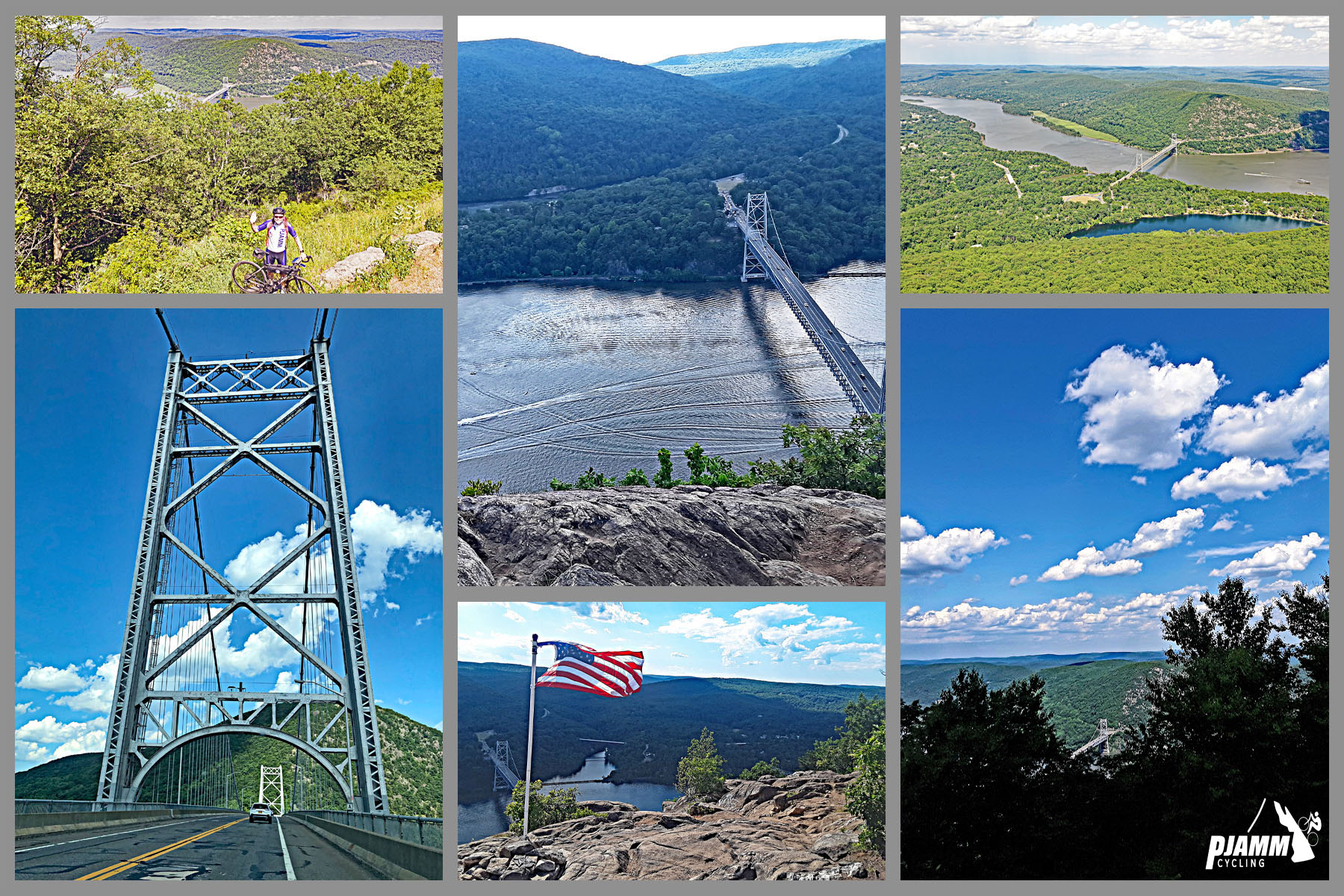 Cycling Bear Mountain, New York - photo collage, Bear Mountain Bridge, american flag atop hillside, aerial views of river, bridge, and hillsides, PJAMM Cycling logo in corner