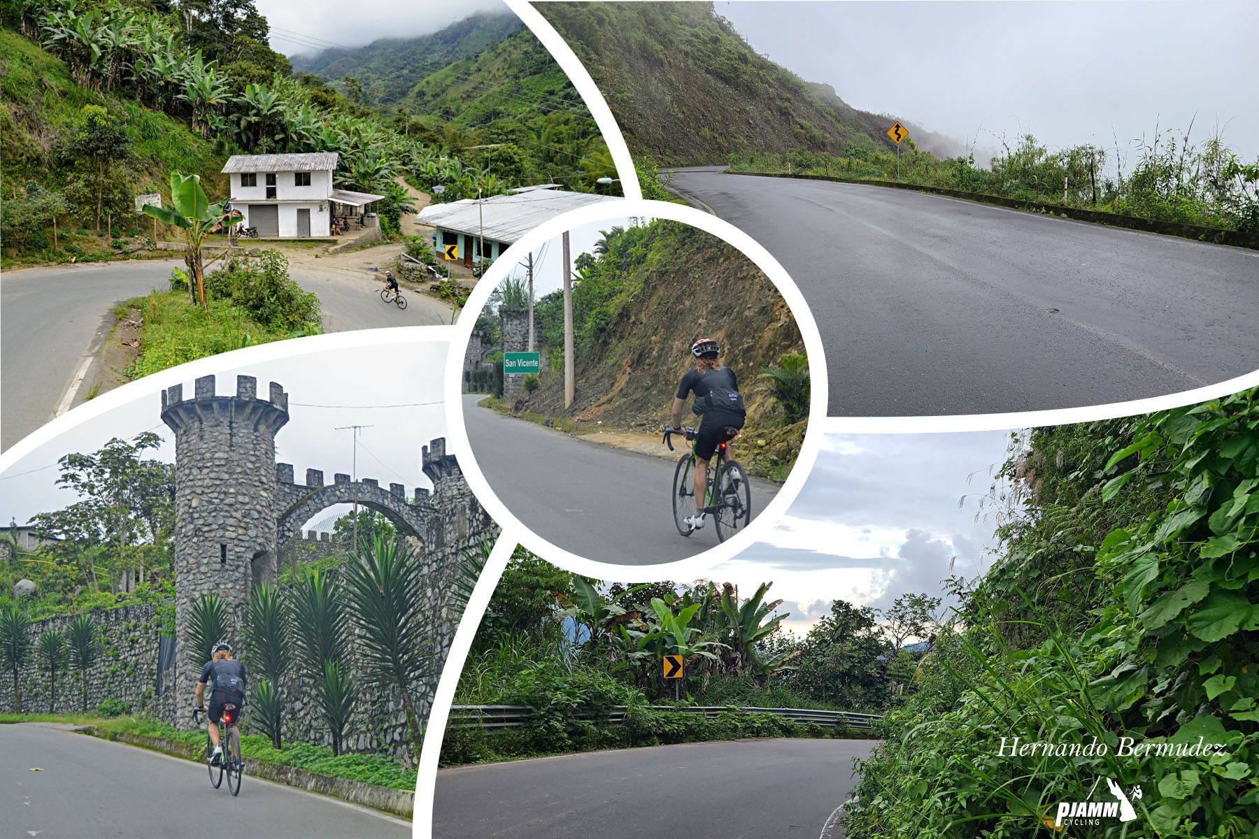 photo collage; PJAMM Cyclist rides on one-lane roadway past lush green tropical foliage, old stone castle-like building