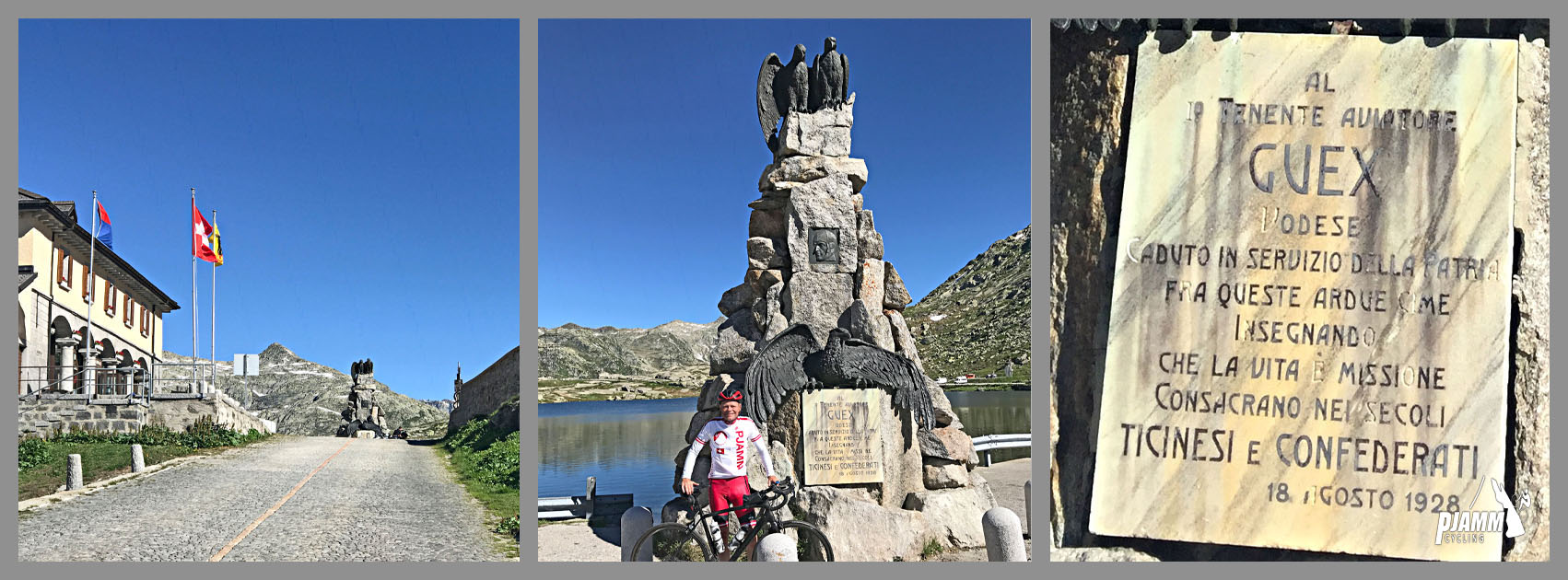 Cycling Gotthard Pass (St. Gotthard Pass), Switzerland - top of climb, Lago della Piazza, PJAMM Cyclist stands next to large stone monument
