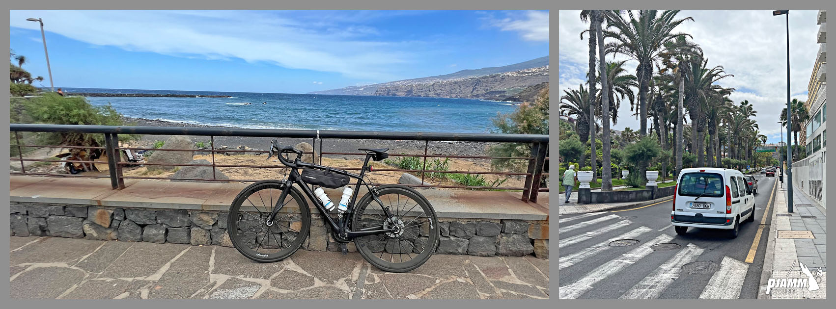 bike parked against retaining wall, beach and ocean in distance, Puerto de la Cruz