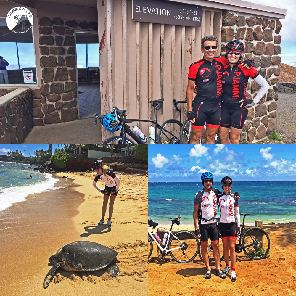 bike climb Top 10 US Bike Climbs - Haleakala; cyclists on beach, looking at sea turtle