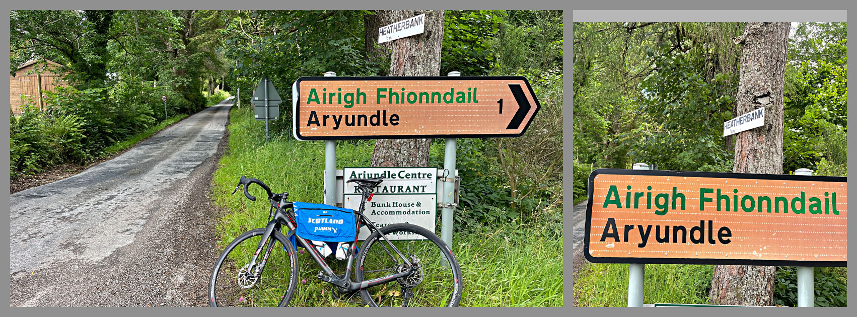 bike parked against road sign for Airigh Fhionndail and Aryundle