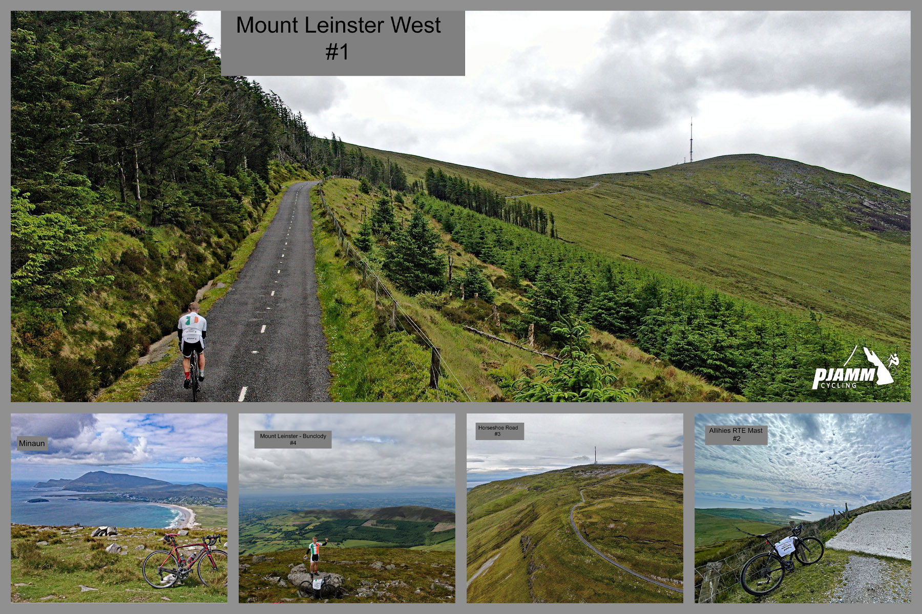 photo collage shows views of the following bike climbs: #1 Mount Leinster West;  #2 Allies Mast; #3 Horseshoe Road;
#4 Mount Leinster - Bunclody; #5 Minaun