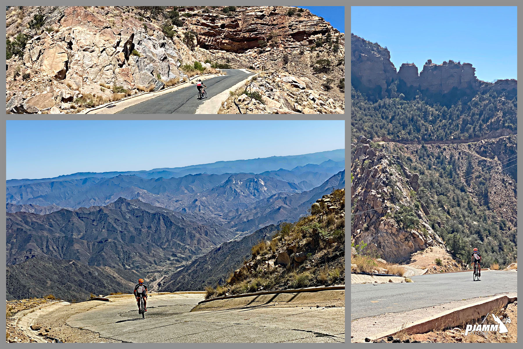 Cycling Rdom Pass, Asir Mountains - photo collage, PJAMM cyclist John Johnson rides on the steepest one mile segment of roadway in the world, stark, rocky mountain terrain, views looking down of steep mountain ranges below
