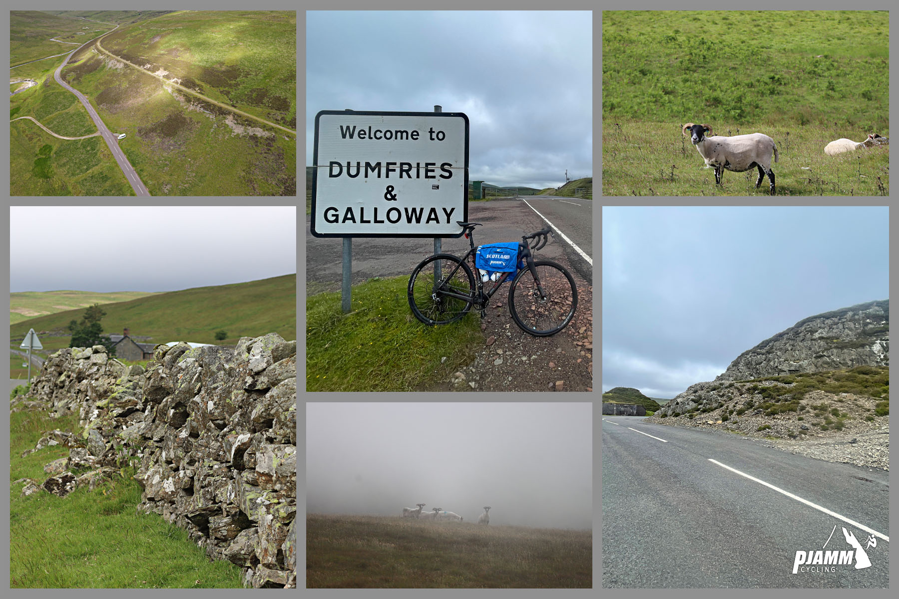 photo collage, Dumfries & Galloway; big horn sheep, aerial drone view shows roadway snaking across green hillside