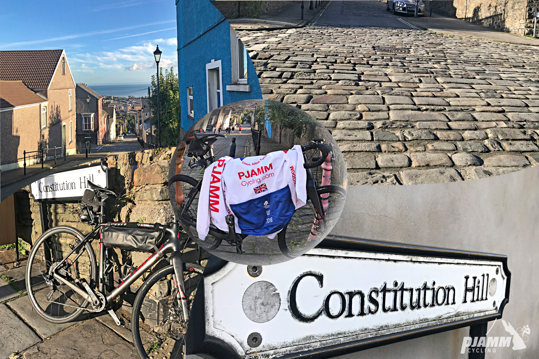 Cycling Constitution Hill, Wales - photo collage, PJAMM Cycling logo in corner, view from top of Constitution Hill overlooking Swansea Bay, up close of the cobblestone roadway, white road side for Constitution Hill, bike parked against stone wall near road sign, bike parked at climb top with PJAMM Cycling jersey draped over it