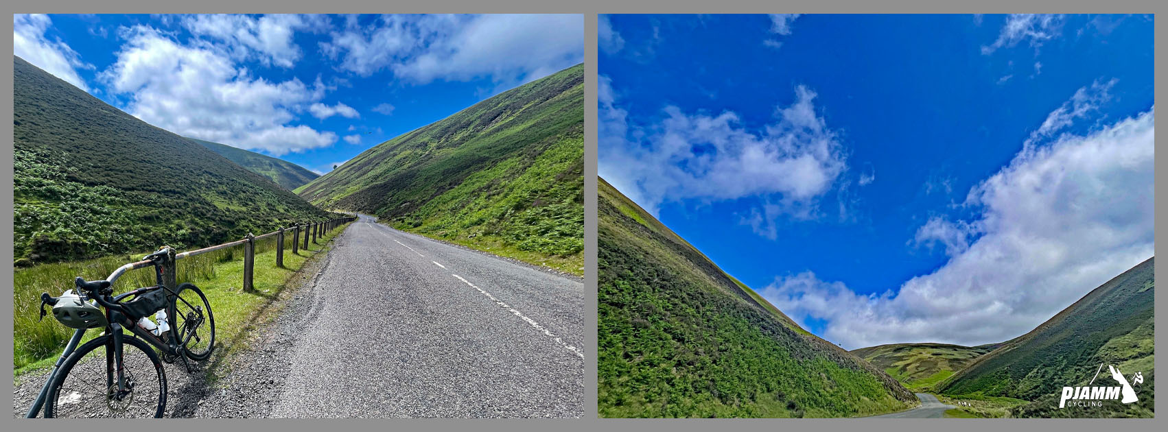Cycling Mennock Pass, Scotland bike parked on side of two-lane roadway on clear day with bright blue skies