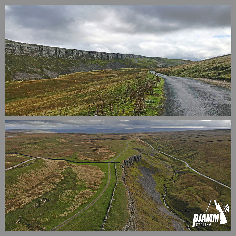 Cycling Oxnop Scar - aerial view of Oxnop Scar, PJAMM Cycling logo in corner