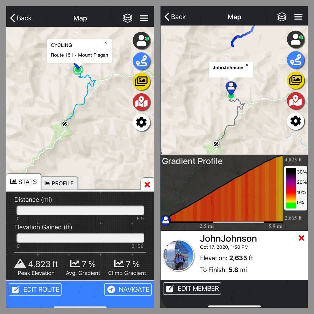 Cycling Mt. Pisgah, Route 151, North Carolina - PJAMM Adventure App shows climb grade and profile
