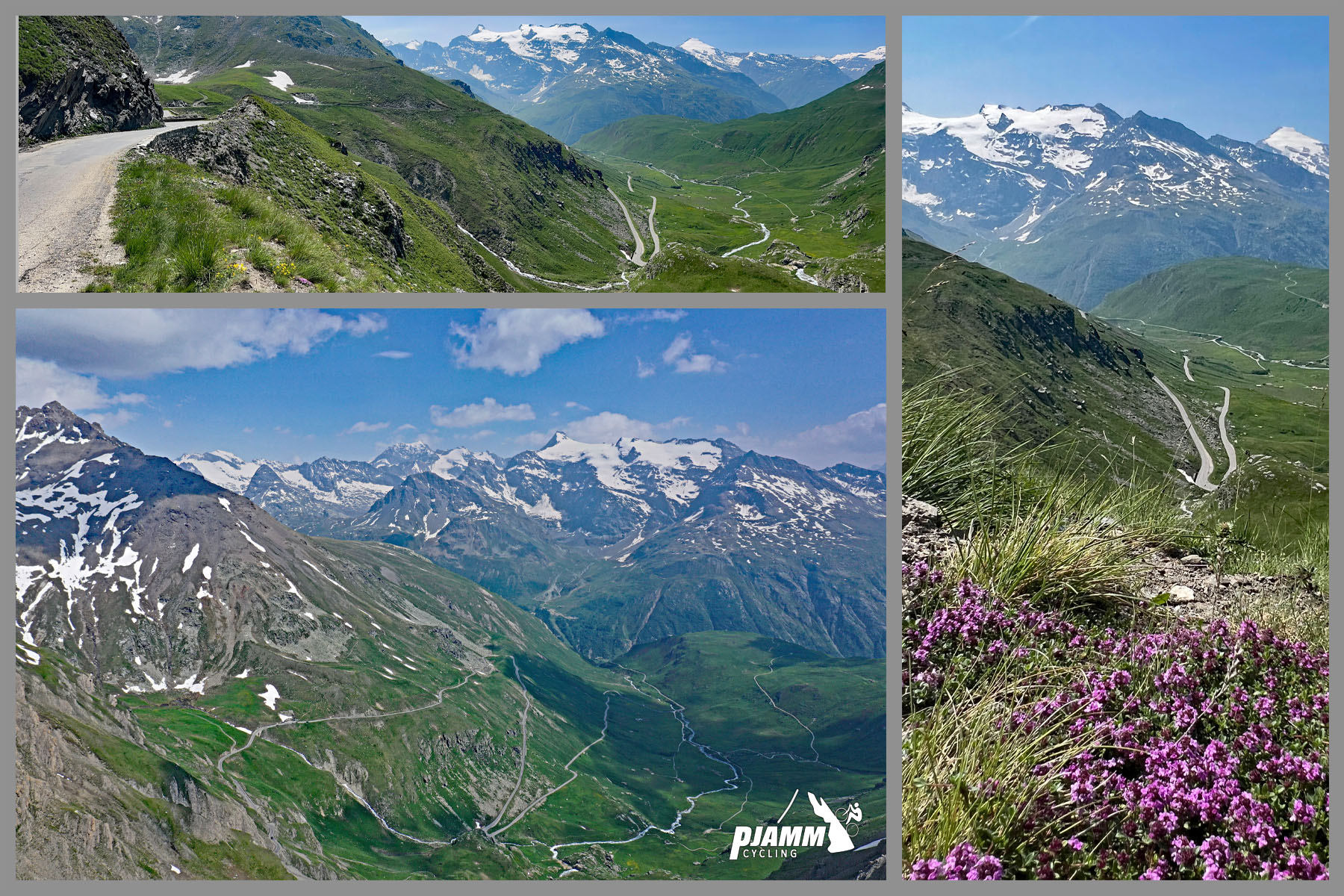 Col de L'Iseran from Bonneval-sur-Arc: photo collage shows gorgeous alpine views, green mountainsides with pink wildflowers