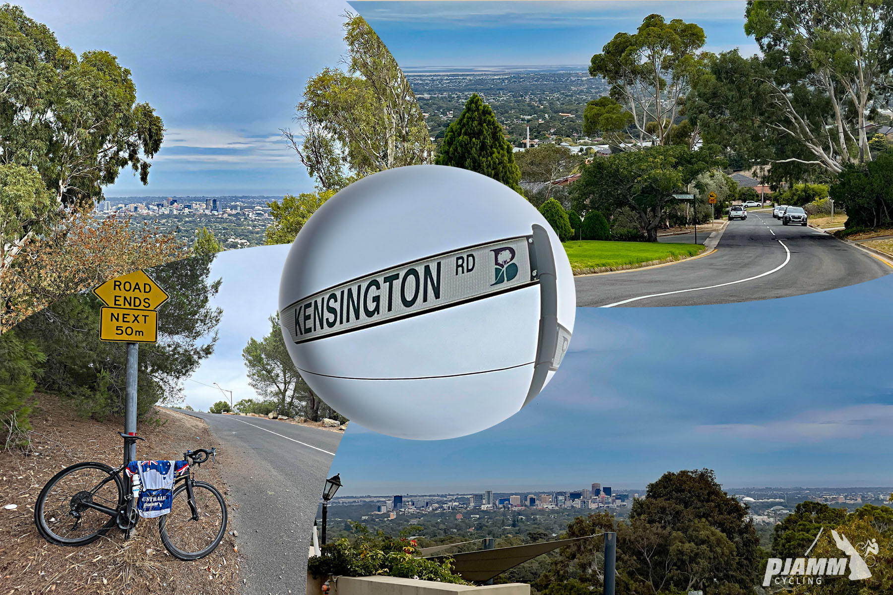 Cycling Kensington Road Lookout, Wattle Park, Australia photo collage shows street sign for Kensington Road; views overlooking city below; bike parked next to street sign reading "Road Ends Next 50 m"