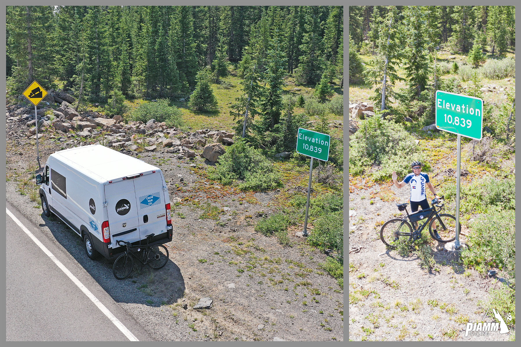 Cycling Grand Mesa North - climb finish at Elevation sign for 10,839 feet, cyclist John Johnson standing next to elevation sign with bike, waving, PJAMM Cycling's white SAG van parked next to sign