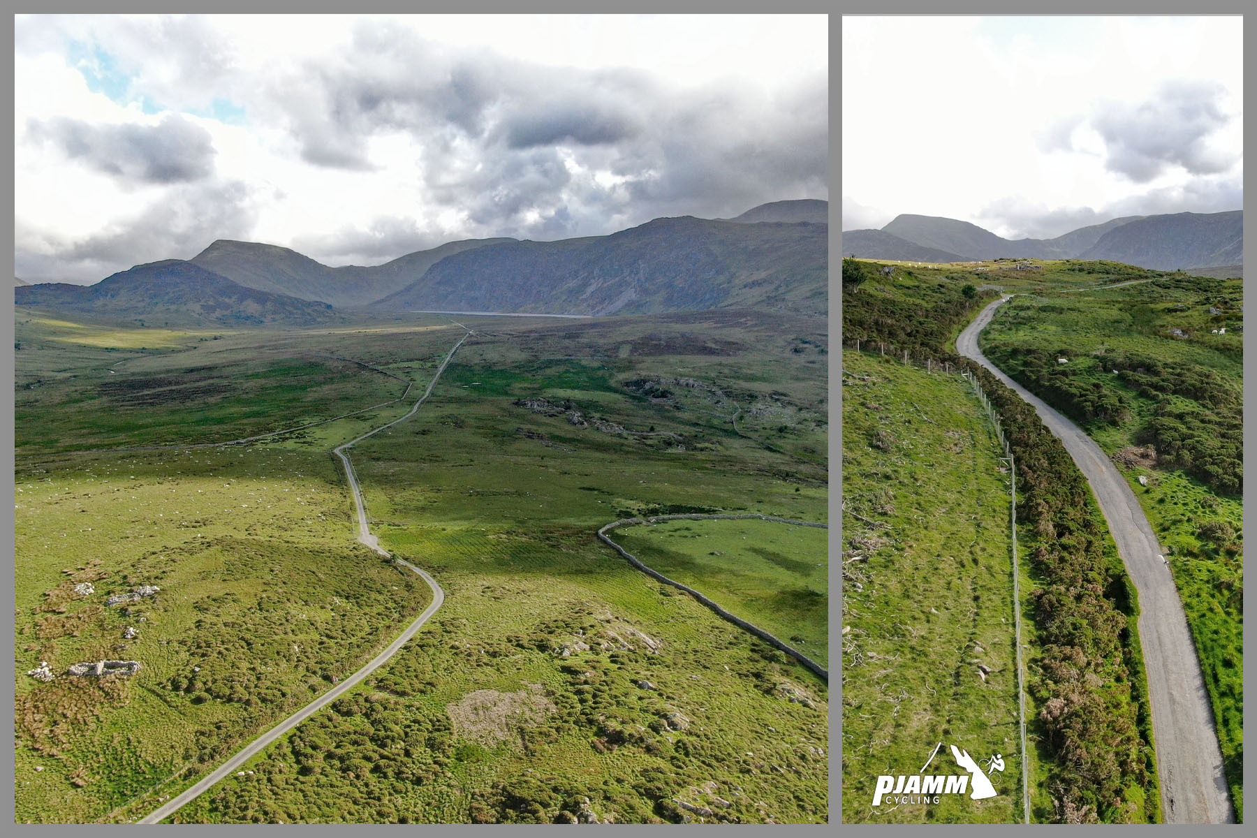 aerial view shows roadway stretching through pastureland at climb's finish