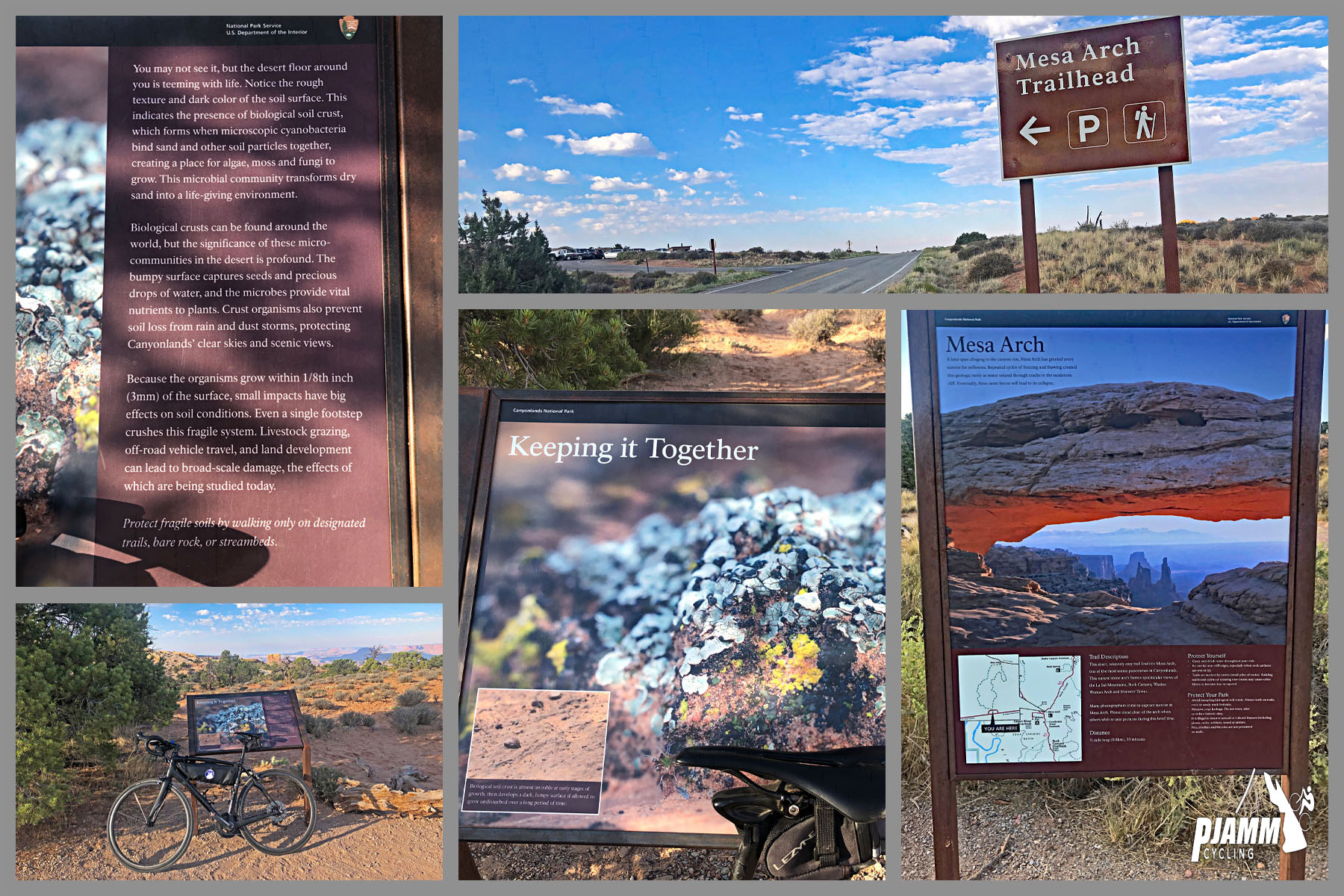 Cycling Canyonlands National Park Cycling Canyonlands National Park - photo collage, PJAMM Cycling logo in corner, signs for Mesa Arch Trailhead
