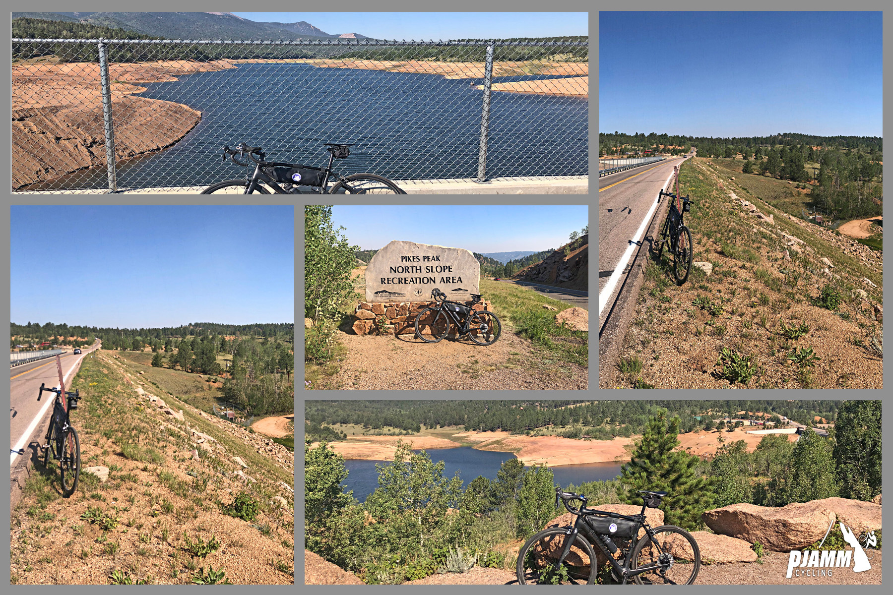 Cycling Pikes Peak - photo collage, PJAMM Cycling logo in corner, bike parked at various locations along Pikes Peak North Slope Recreation Area