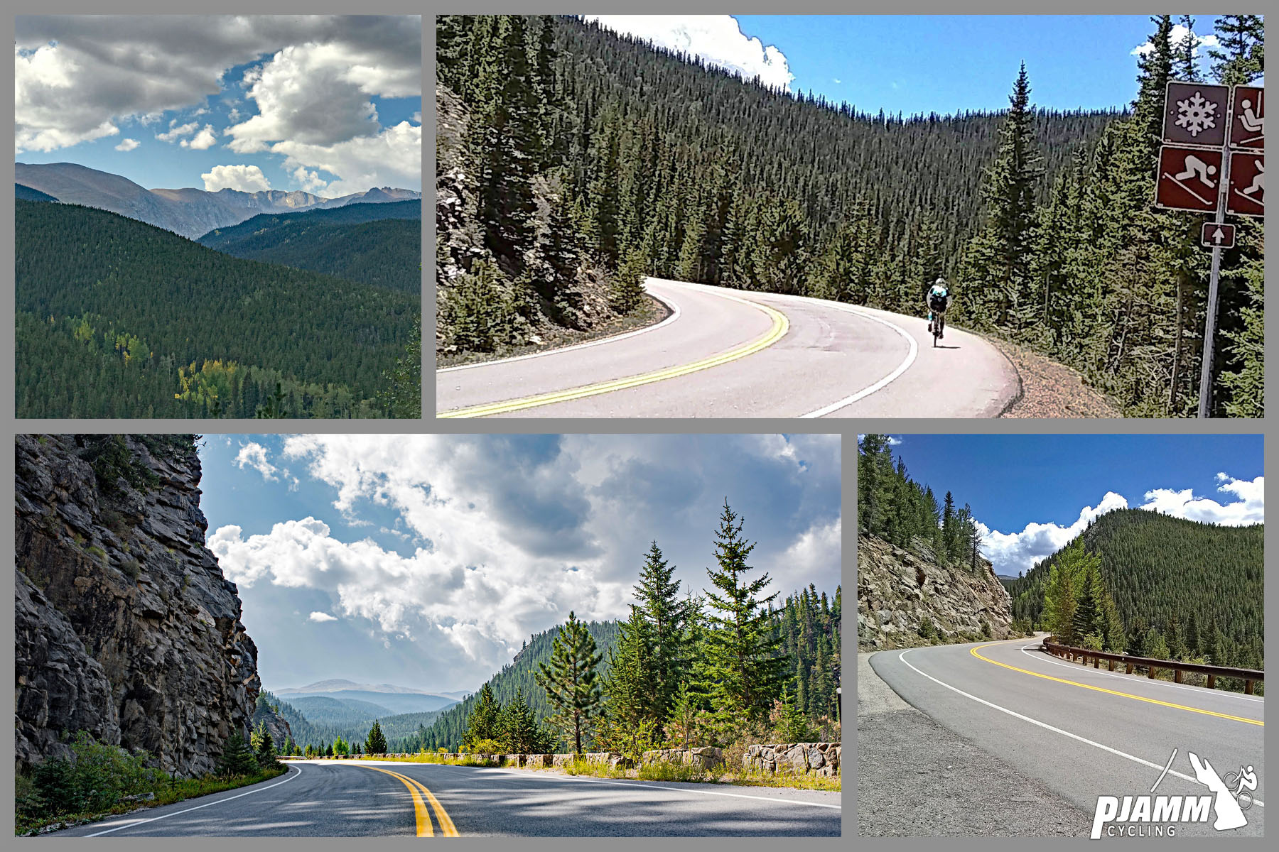 Cycling Juniper Pass West - photo collage, PJAMM Cycling logo in corner, two-lane paved roadway winding up mountainside with cyclist climbing, near dense evergreen forestation
