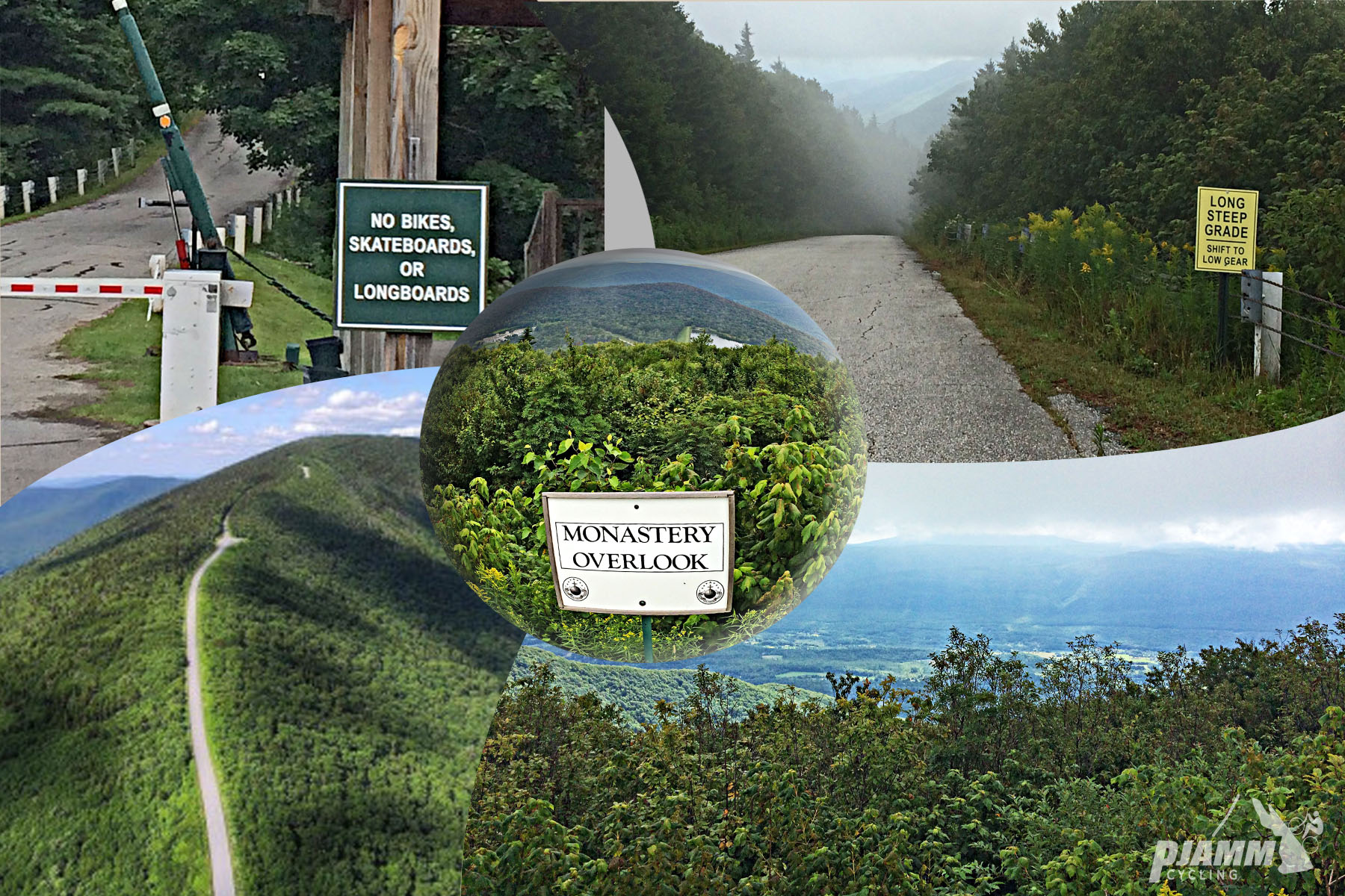 sign reads "no bikes, skateboards, or longboards", sign for monastery overlook, aerial view of climb, PJAMM Cycling logo