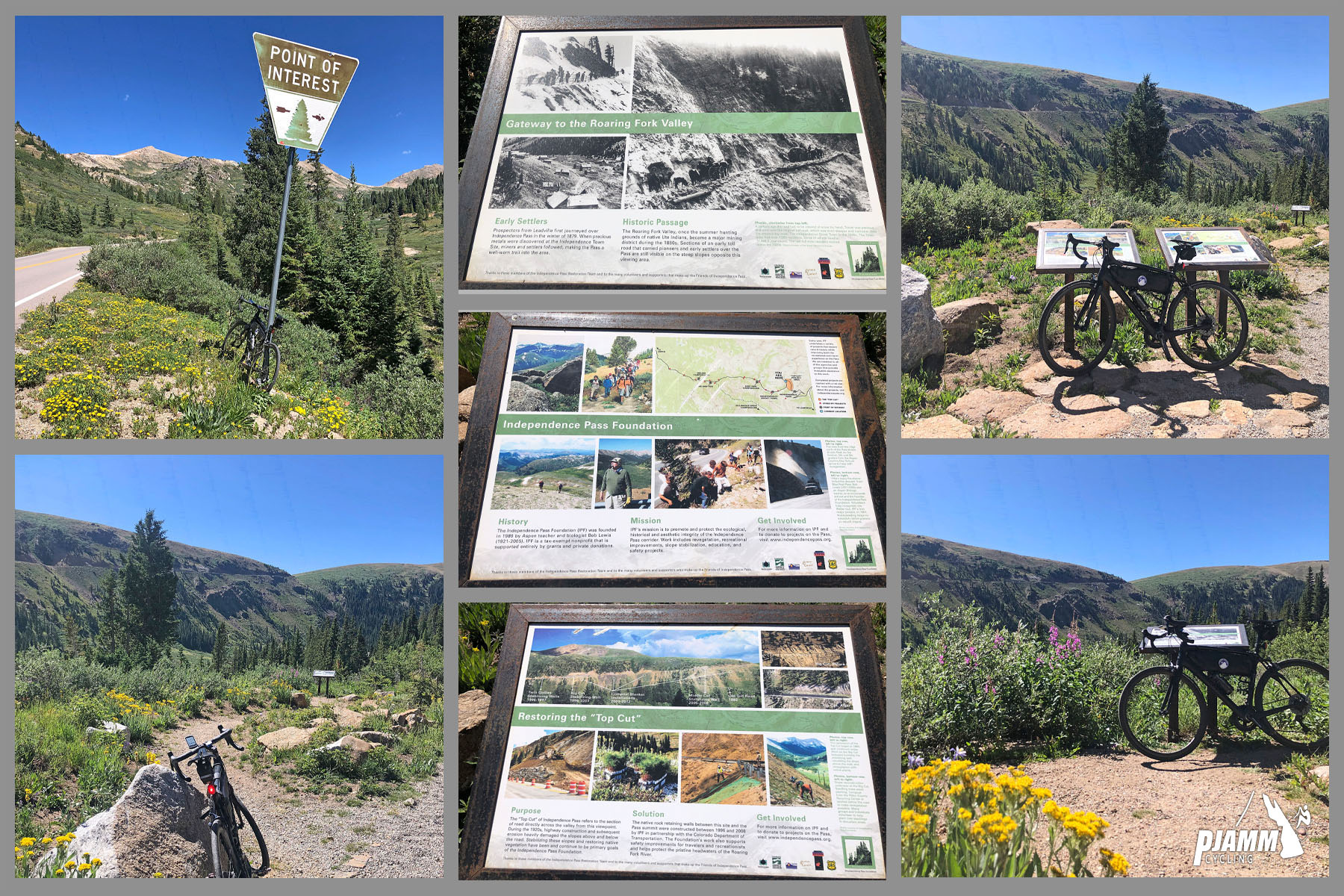 Cycling Independence Pass from Aspen, Colorado - photo collage, PJAMM Cycling logo in corner, bike parked in front of  sign for Point of Interest, against large boulder, and against two information signs at a viewpoint at mile 13.7