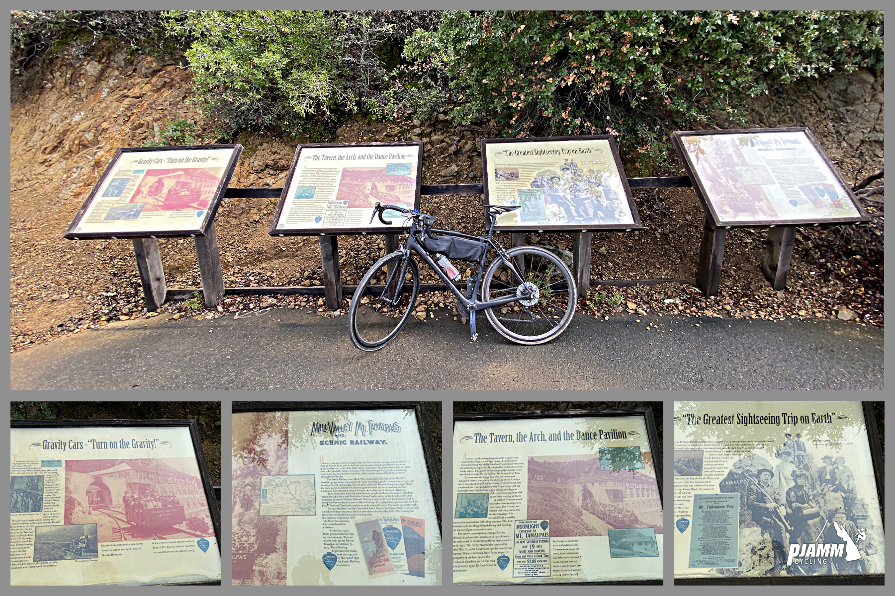 Bike parked against informational signs at finish of East Peak Route
