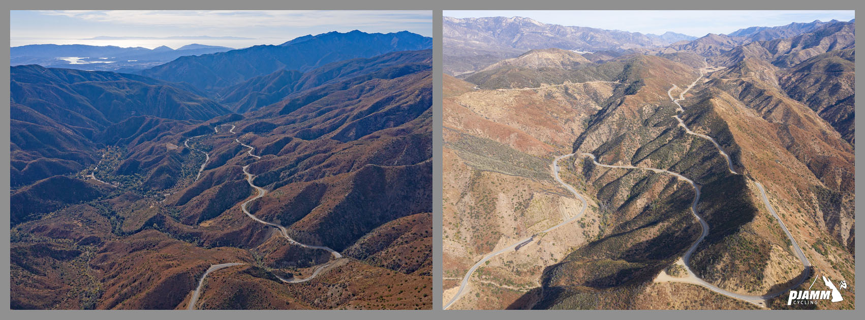 Cycling Highway 33 to Pine Creek Summit  - aerial view of large hairpin turns in roadway at approximately mile nine