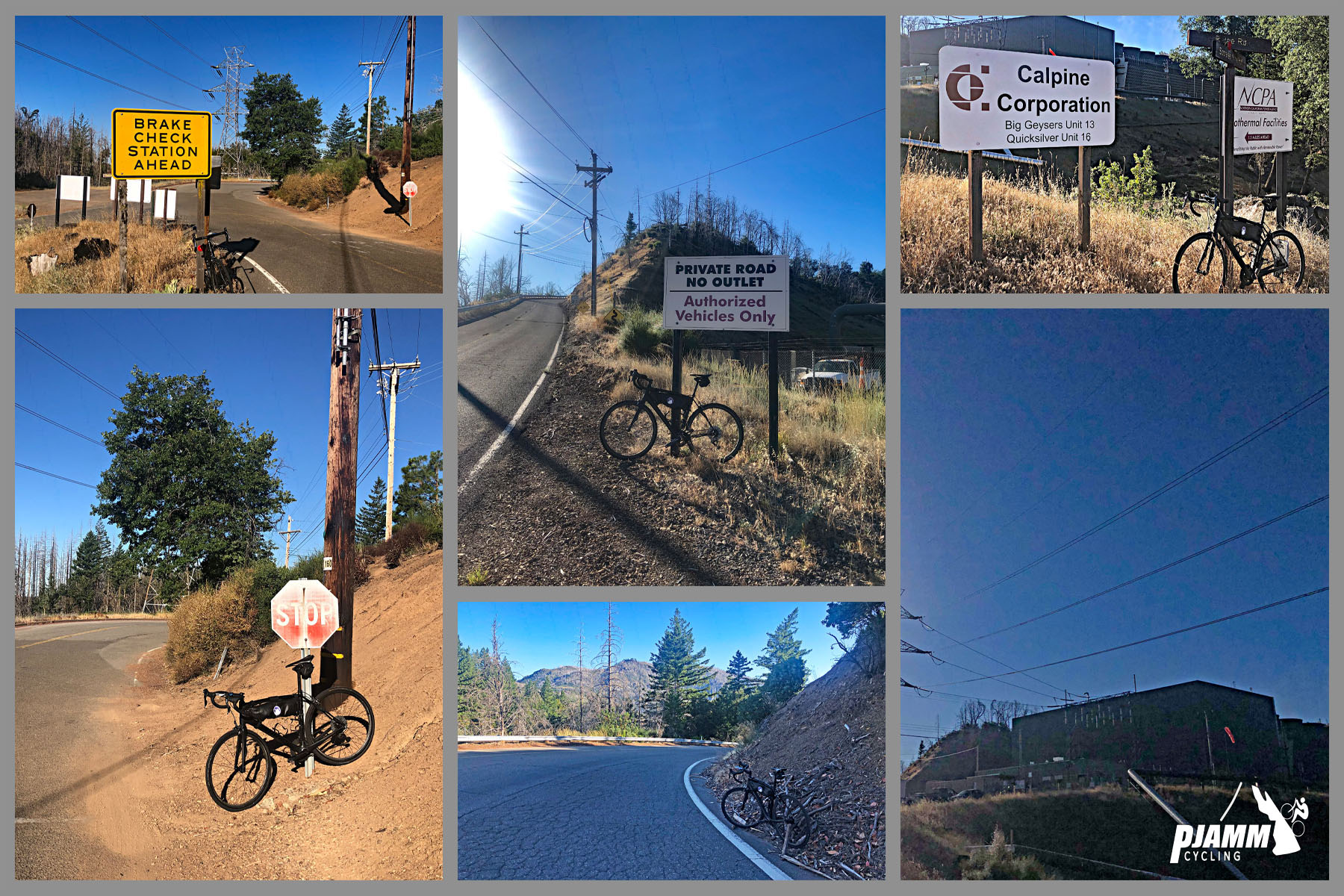 Cycling Socrates Mine Road, Lake County, California - end of climb at Calpine Corporation power station, bike parked against stop sign, sign for Brake Check Station, and Private Road, PJAMM Cycling logo in corner
