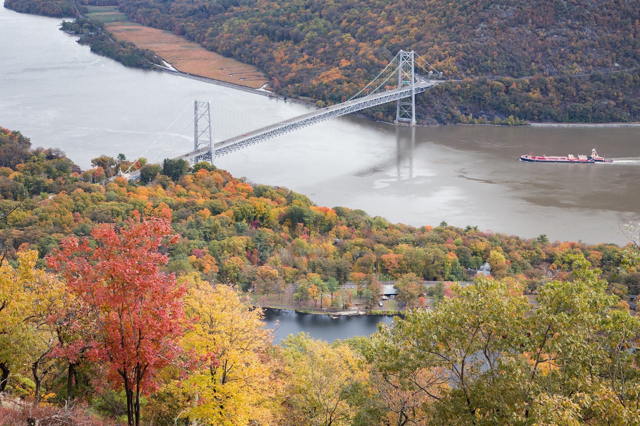 Cycling New York State - Bear Mountain Bridge as seen from above during fall