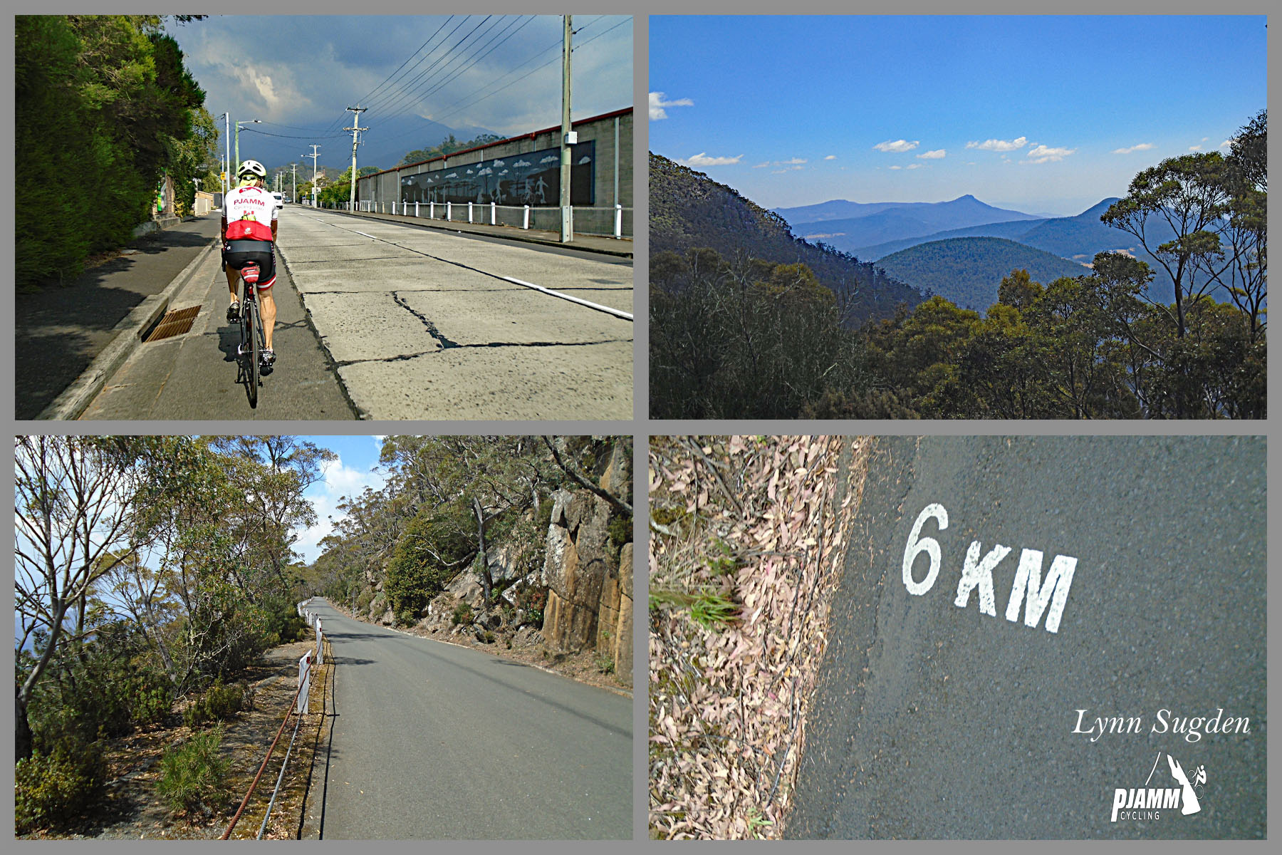 photo collage; PJAMM Cyclist rides along roadway, 6 KM mark painted on roadway